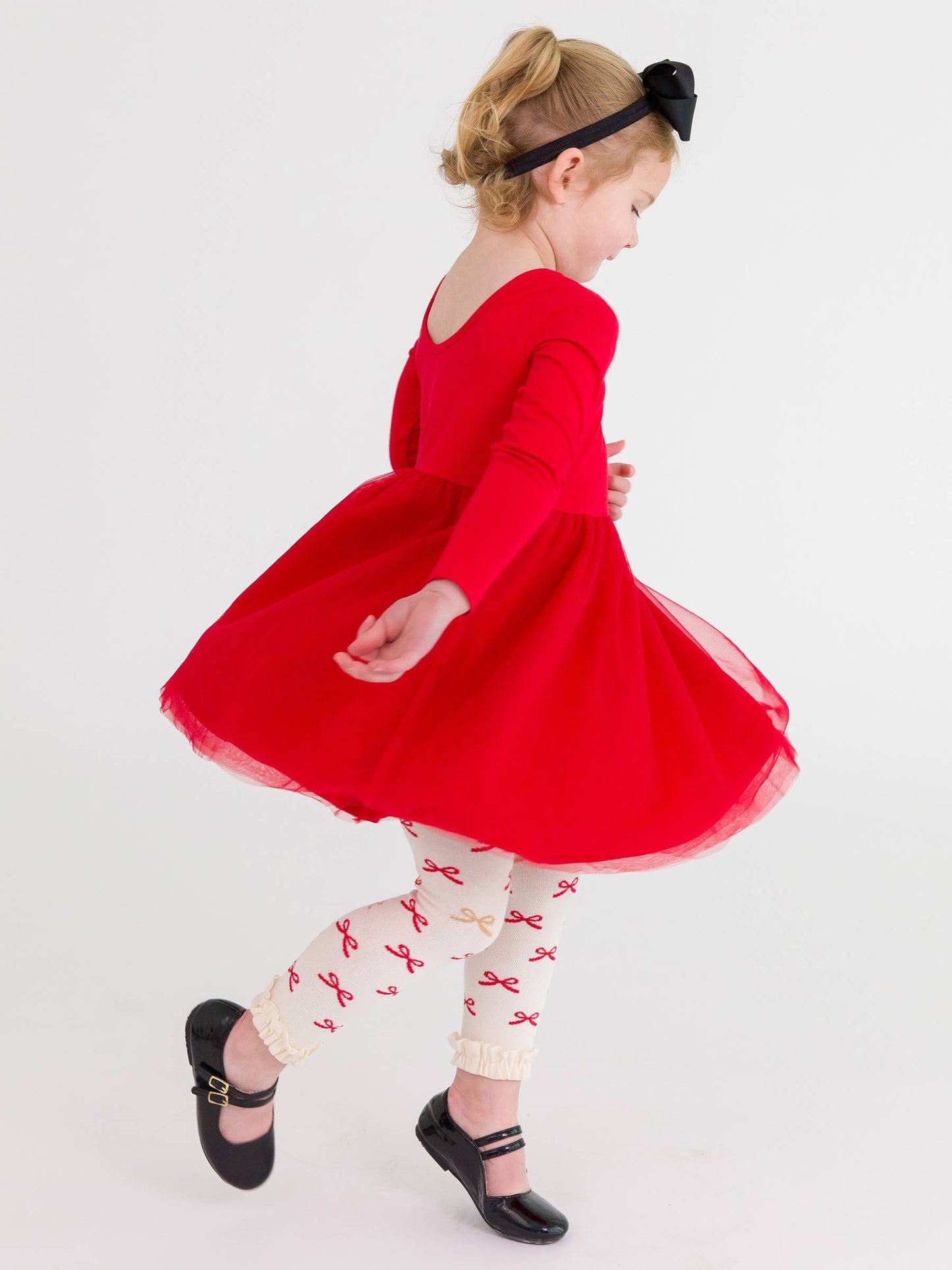 RuffleButts + RuggedButts - Girls Red Sparkle Bow Ribbon Patterned Footless Ruffle Tights