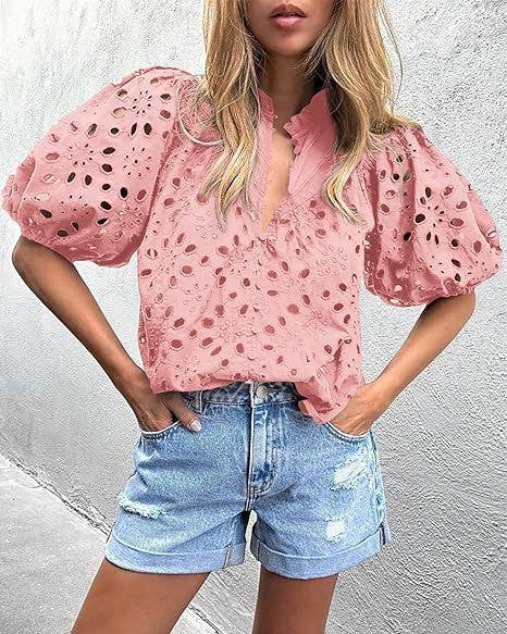 Rosa Clothing - Bohemia Crochet lace Eyelet high neck short sleeve blouse