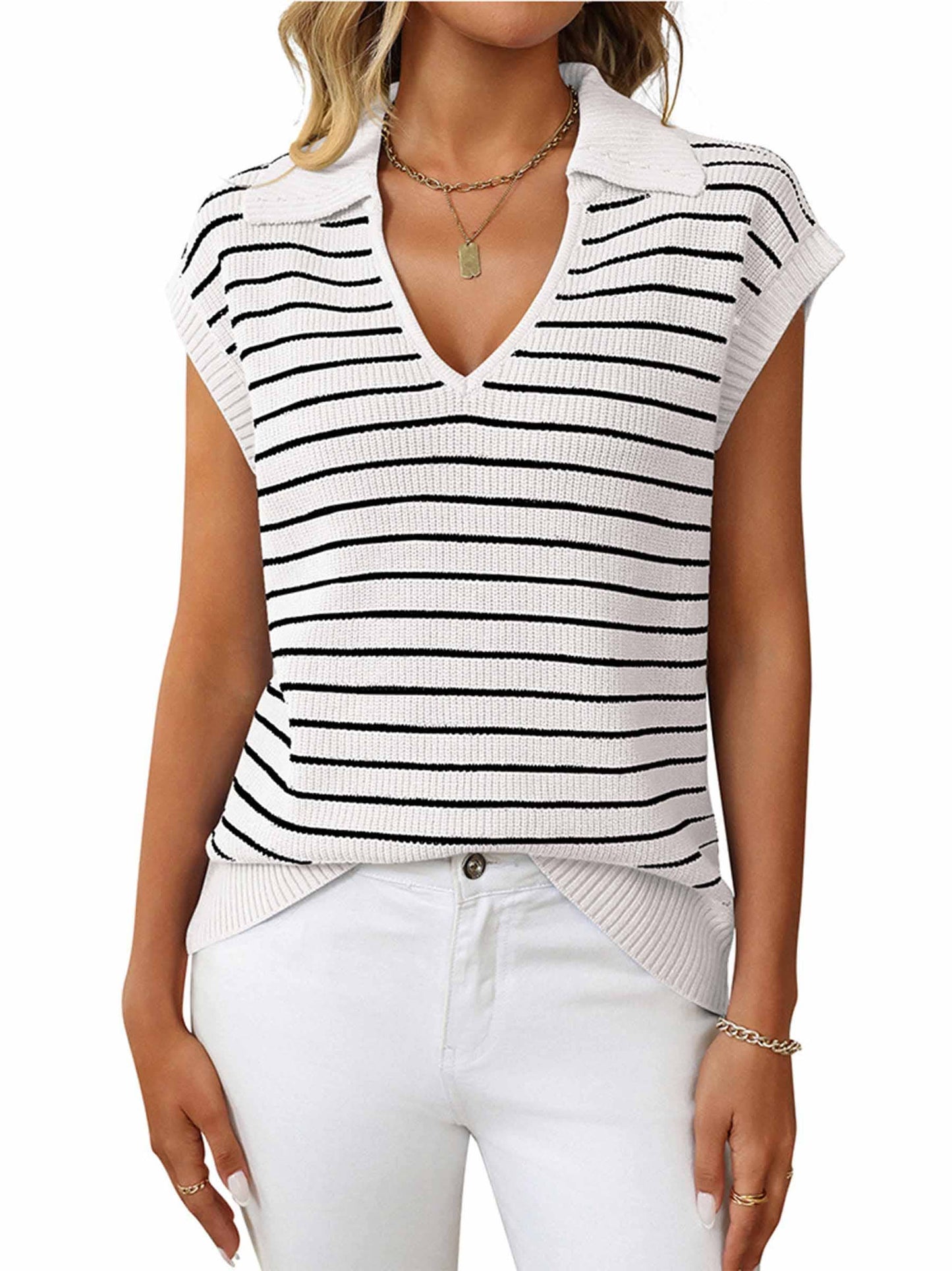 Wholesalesir - V-neck Knitted Striped Lapel Top
