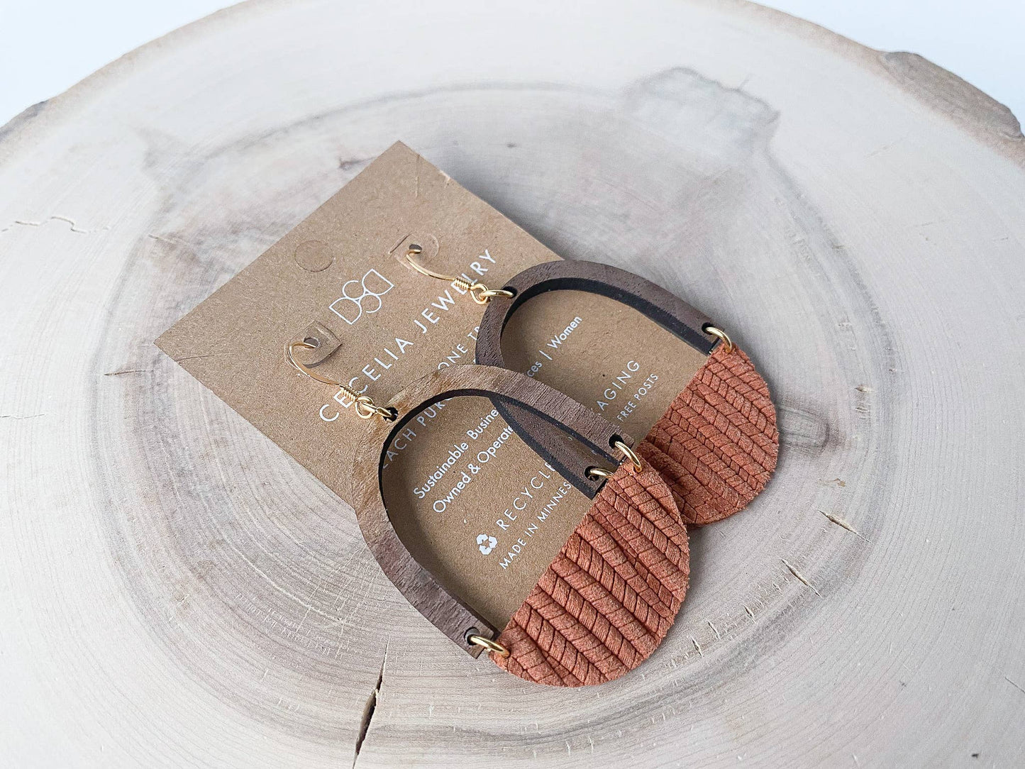 Cecelia Half Moon Wood and Leather Earrings