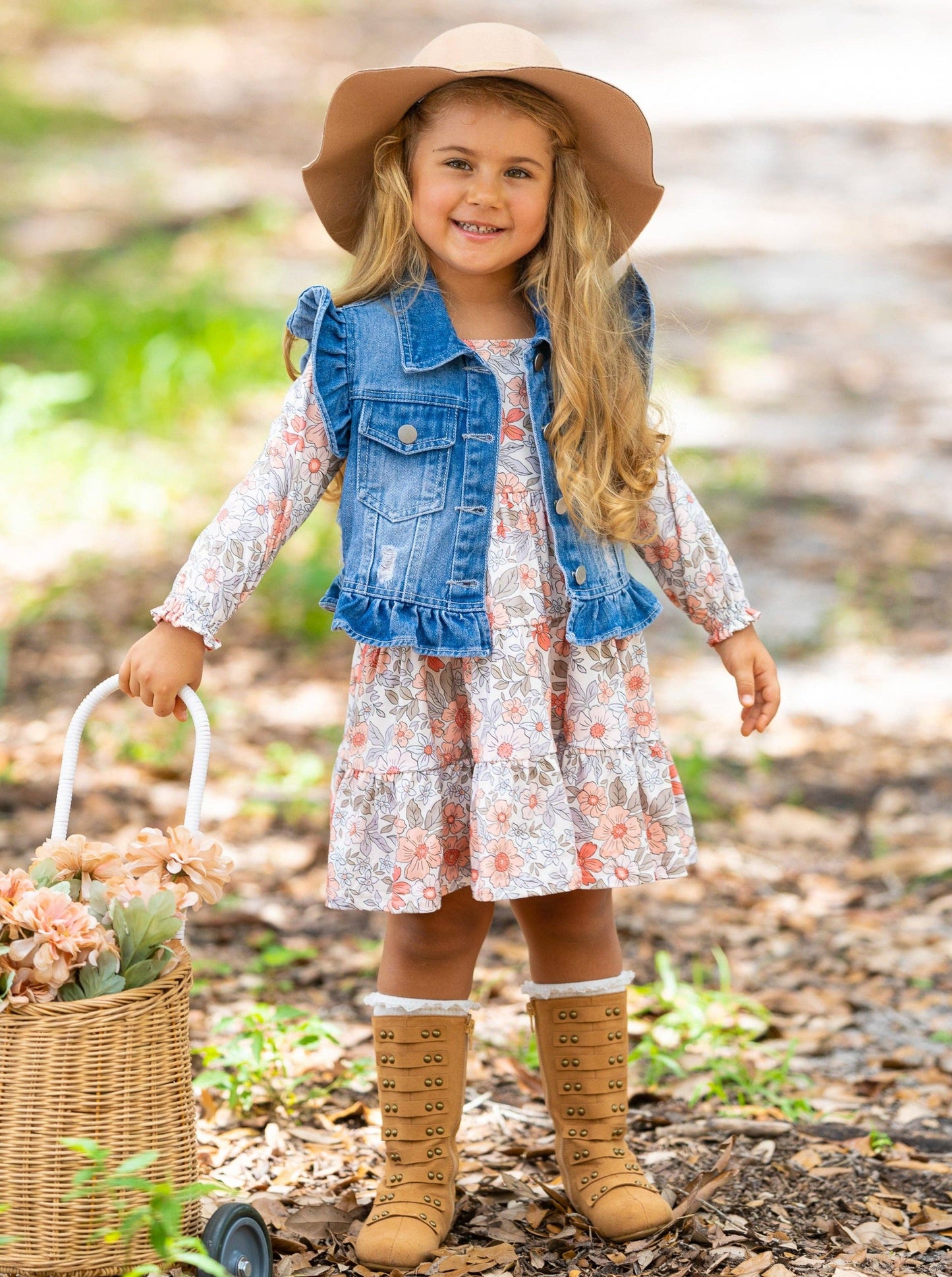 Mia Belle Girls • Wholesale - Long Sleeve Floral Dress w/ Ruffle Denim Vest & Set