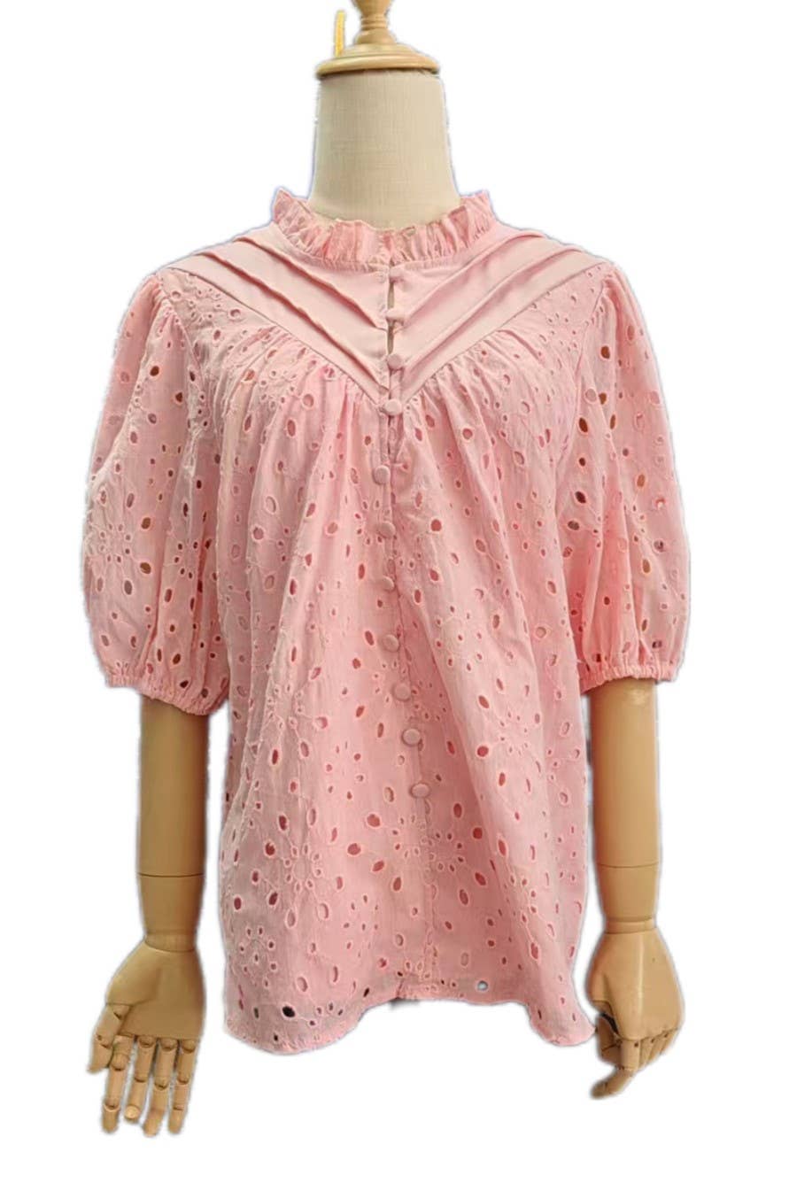 Rosa Clothing - Bohemia Crochet lace Eyelet high neck short sleeve blouse