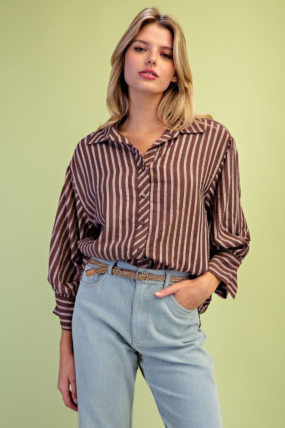 3/4 Sleeve Brown Button Down