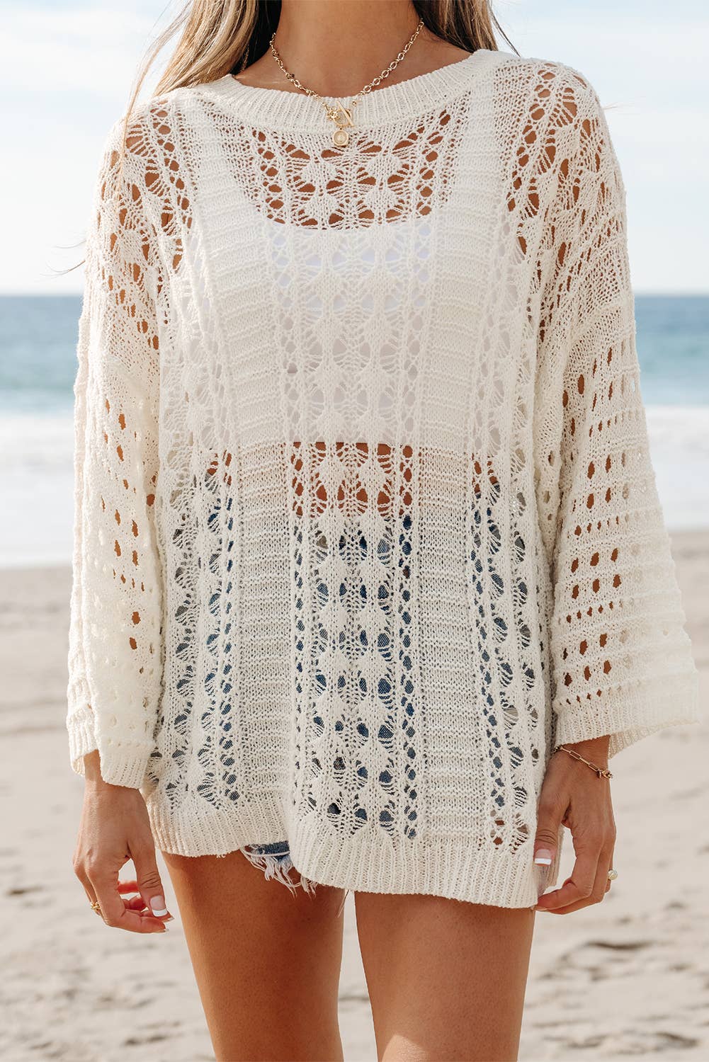 1 the Woman - Hollow Out Knit Bracelet Sleeve Drop Shoulder Sweater