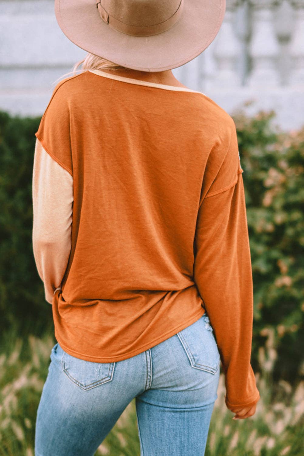 Lovesoft - Orange Stripe Color Block Splicing Long Sleeve Henley Top