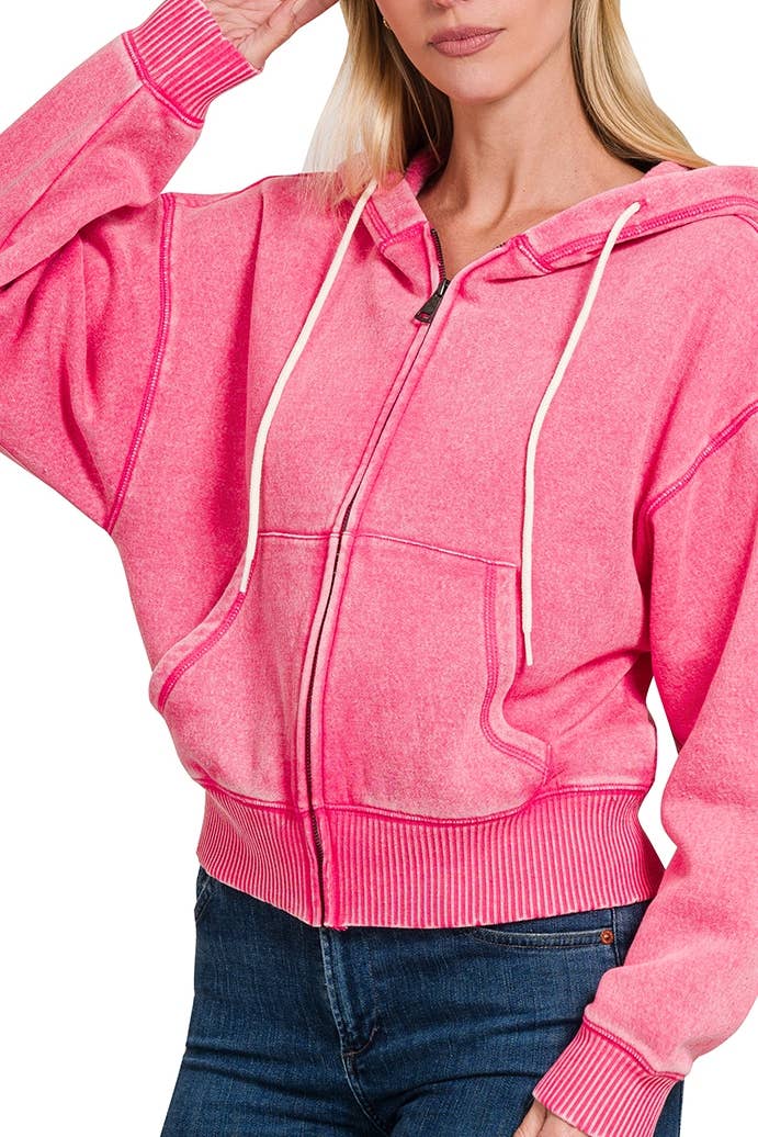 Acid Wash Fleece Cropped Zip-up Hoodie W Pockets: 2-2-2 (S-M-L) / LT OLIVE