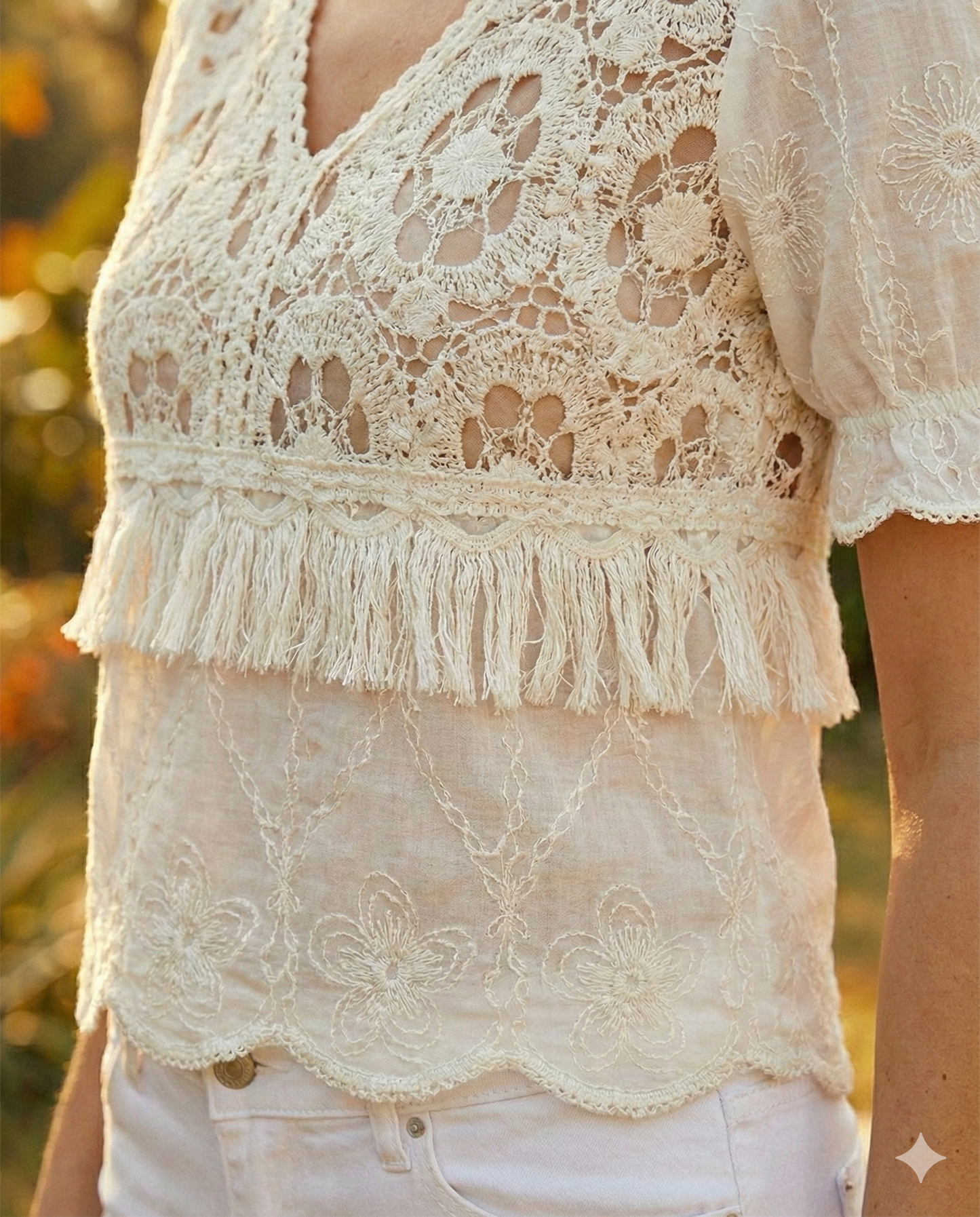 VAV B2B - Women’s Crochet Fringe Lace Button Front Top
