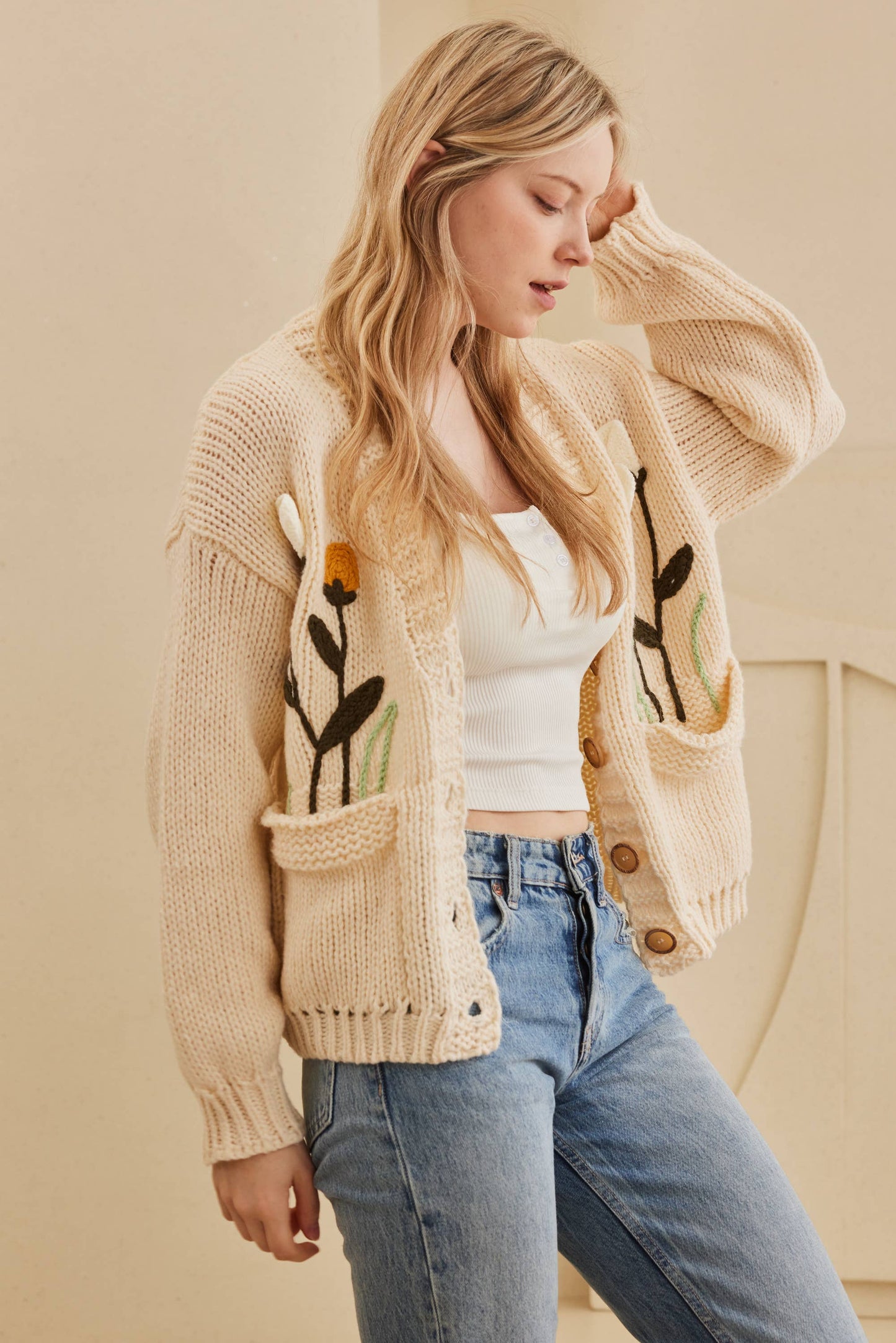 Mello. - Flower Embroidered Knit Cardigan