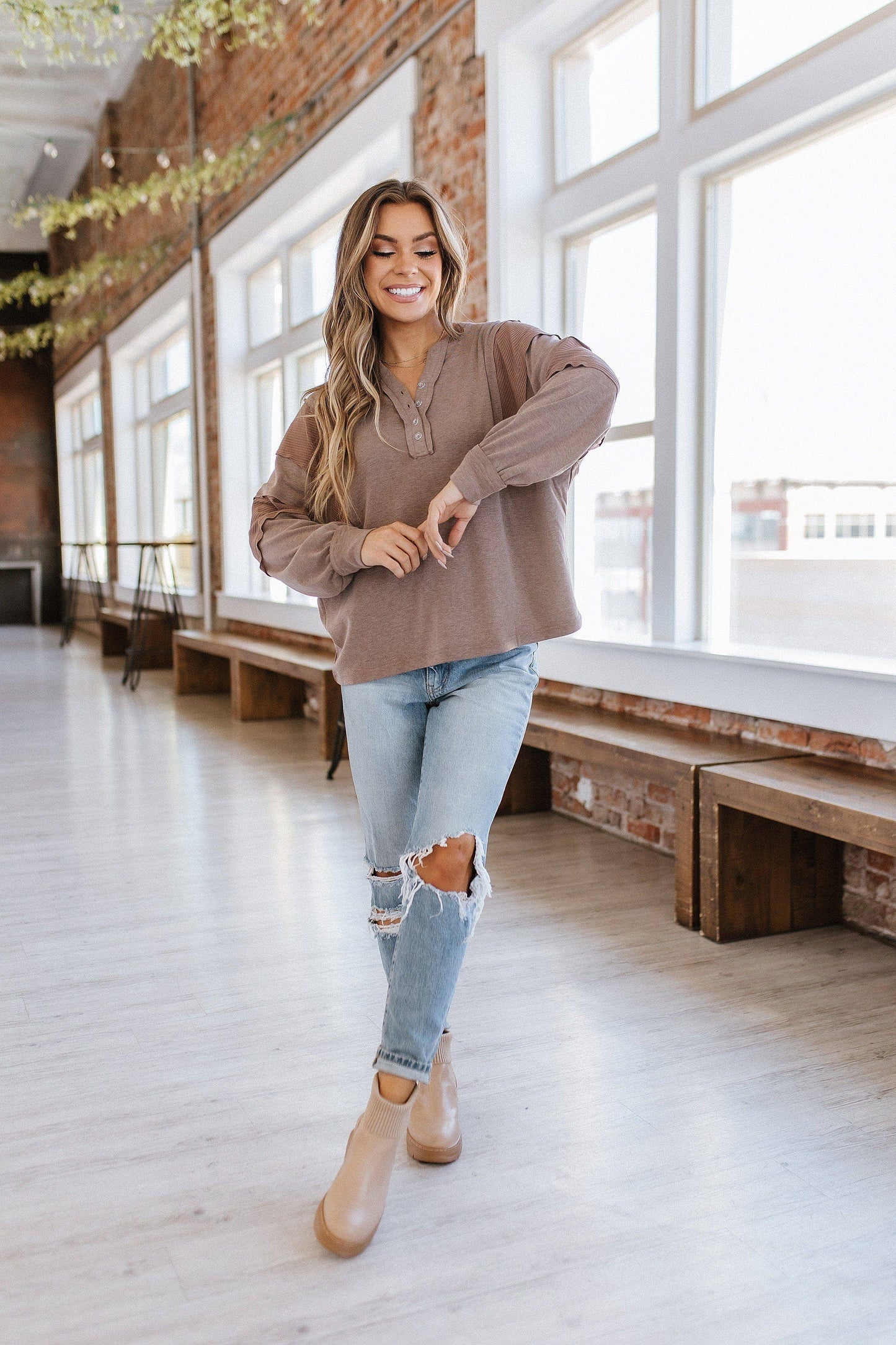 Liam & Company - Carolina Waffle Knit Henley Top | S-XL