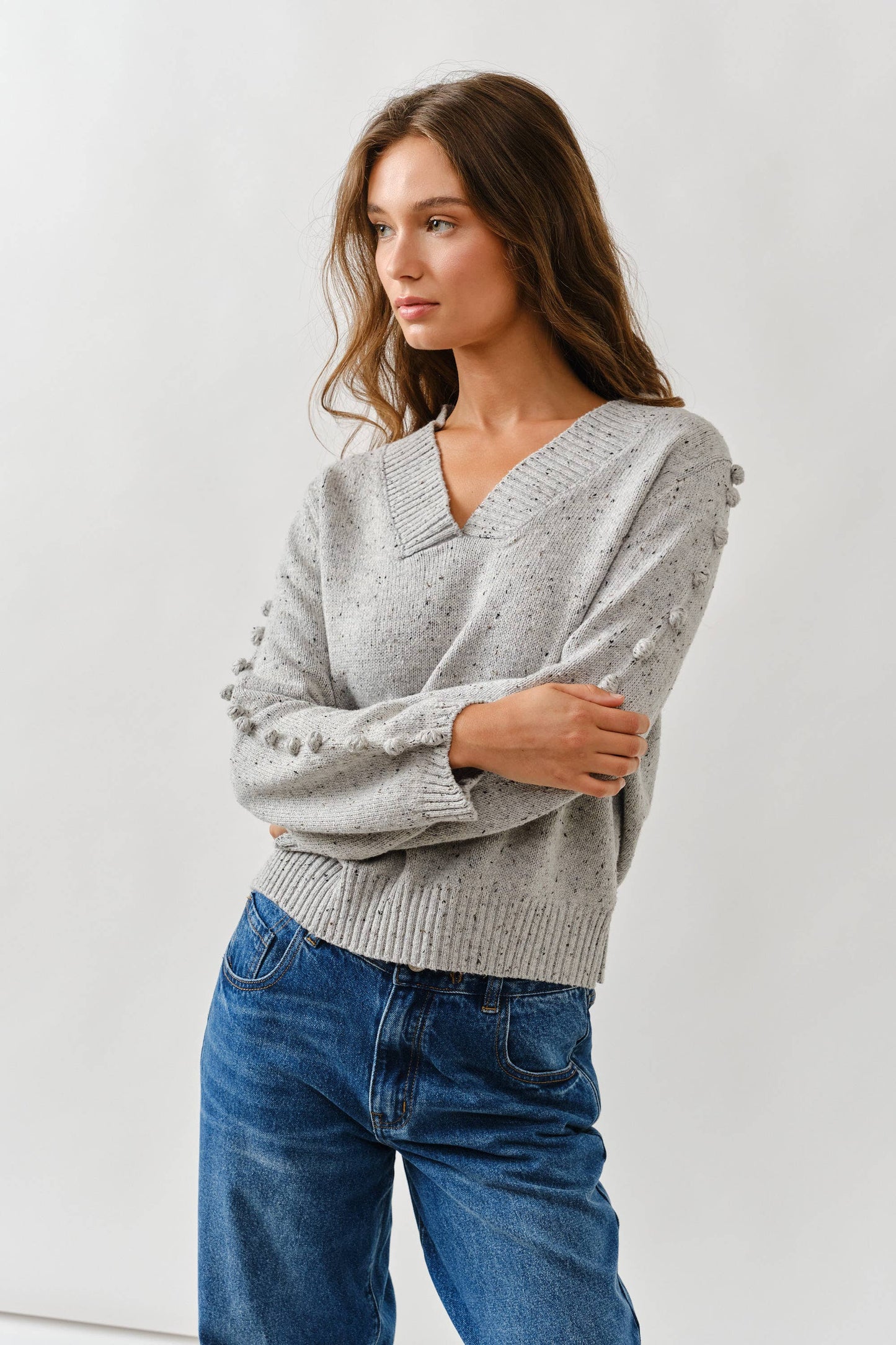 Aaron & Amber - MAS2843 POMPOM LONG SLEEVES V NECK SWEATER