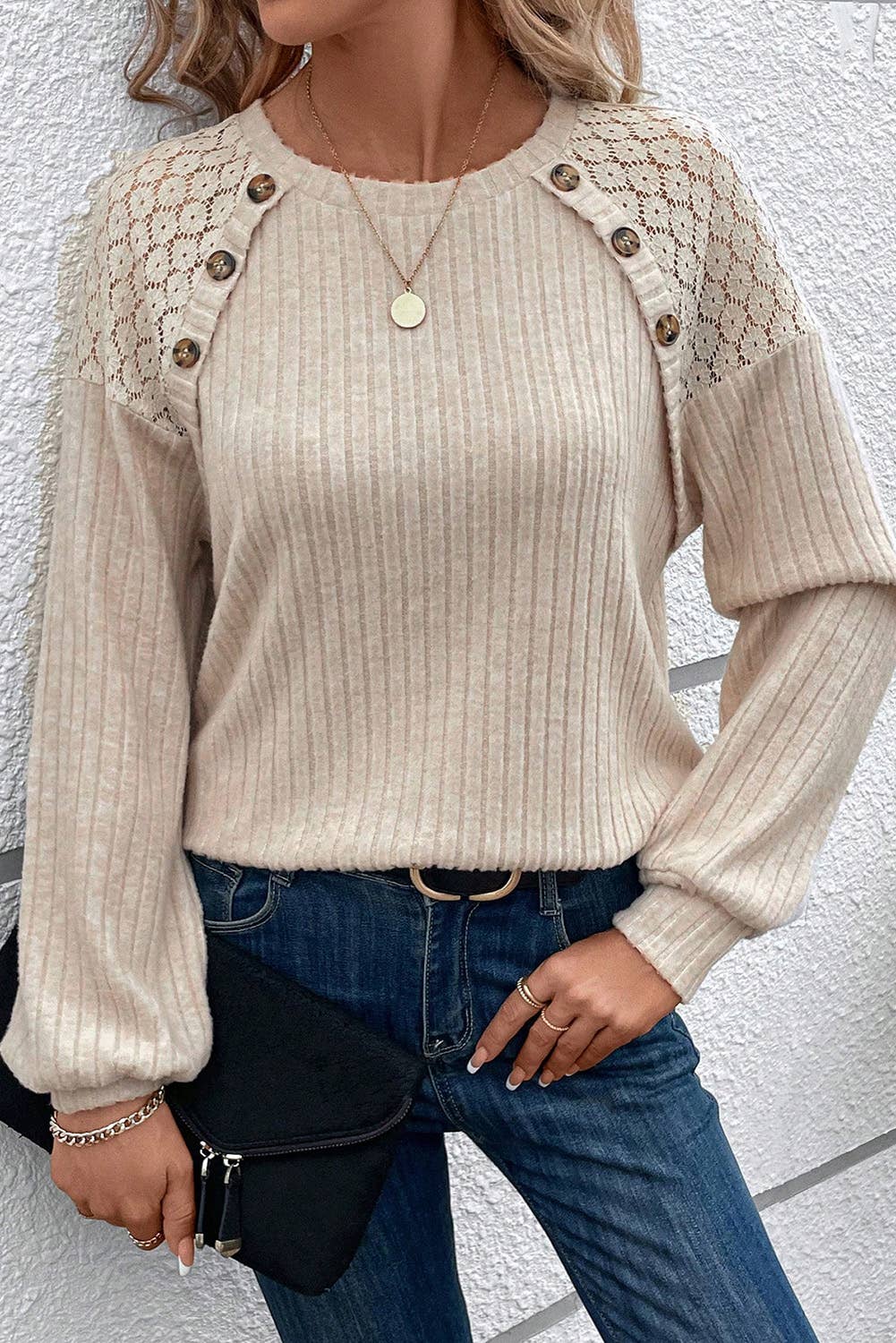 Pretty Bash - Ribbed Lace Raglan Sleeve Top