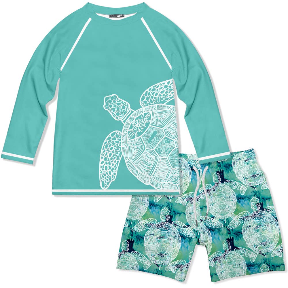 Millie Loves Lily - Turquoise Tie-DyeTurtle Long-Sleeve Rashguard Set