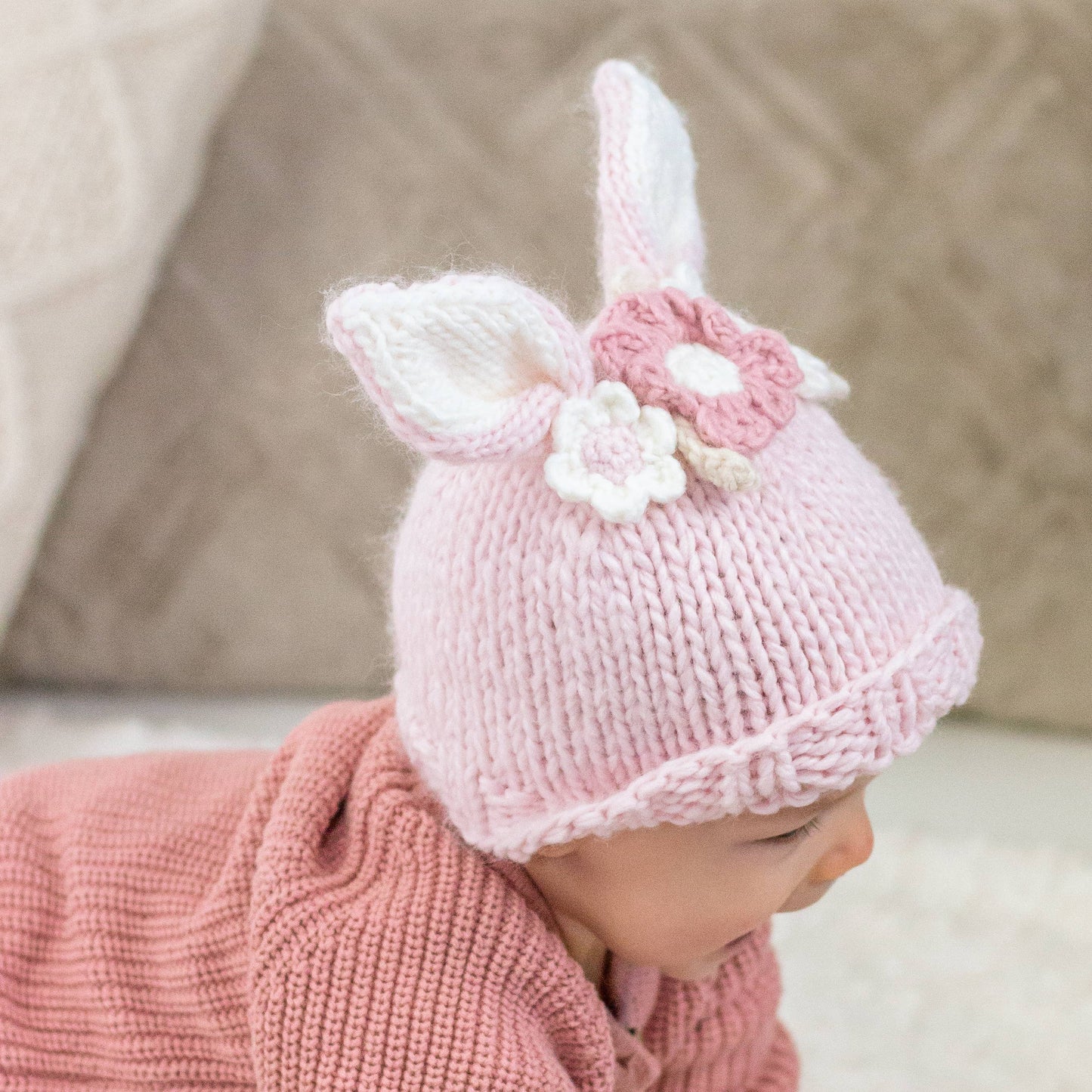 Huggalugs - Flower Bunny Beanie Blush Mono Beanie Baby & Kids