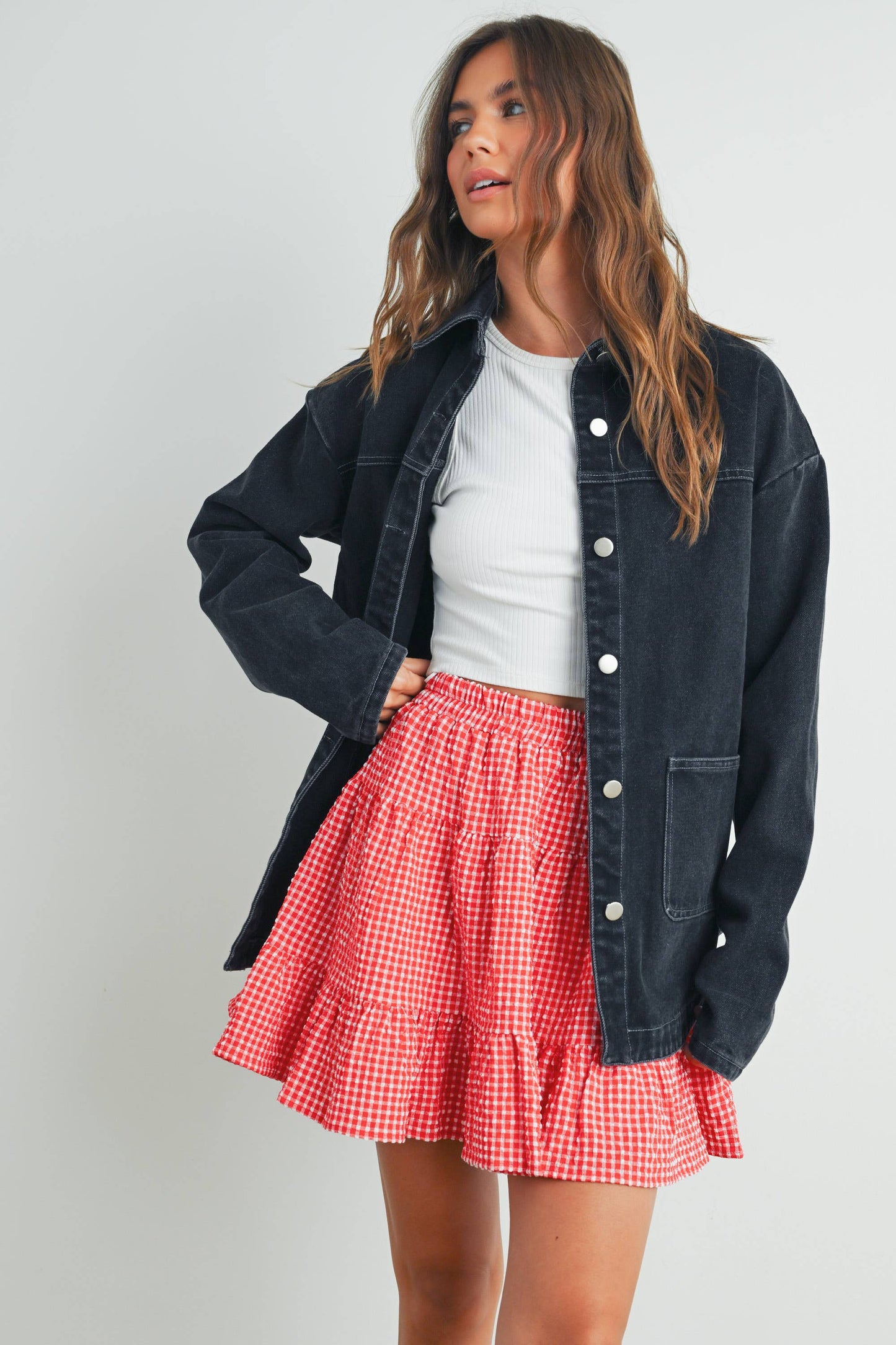 BUTTERMELON - High Waist Tiered Check Skirt - BMS7530-B