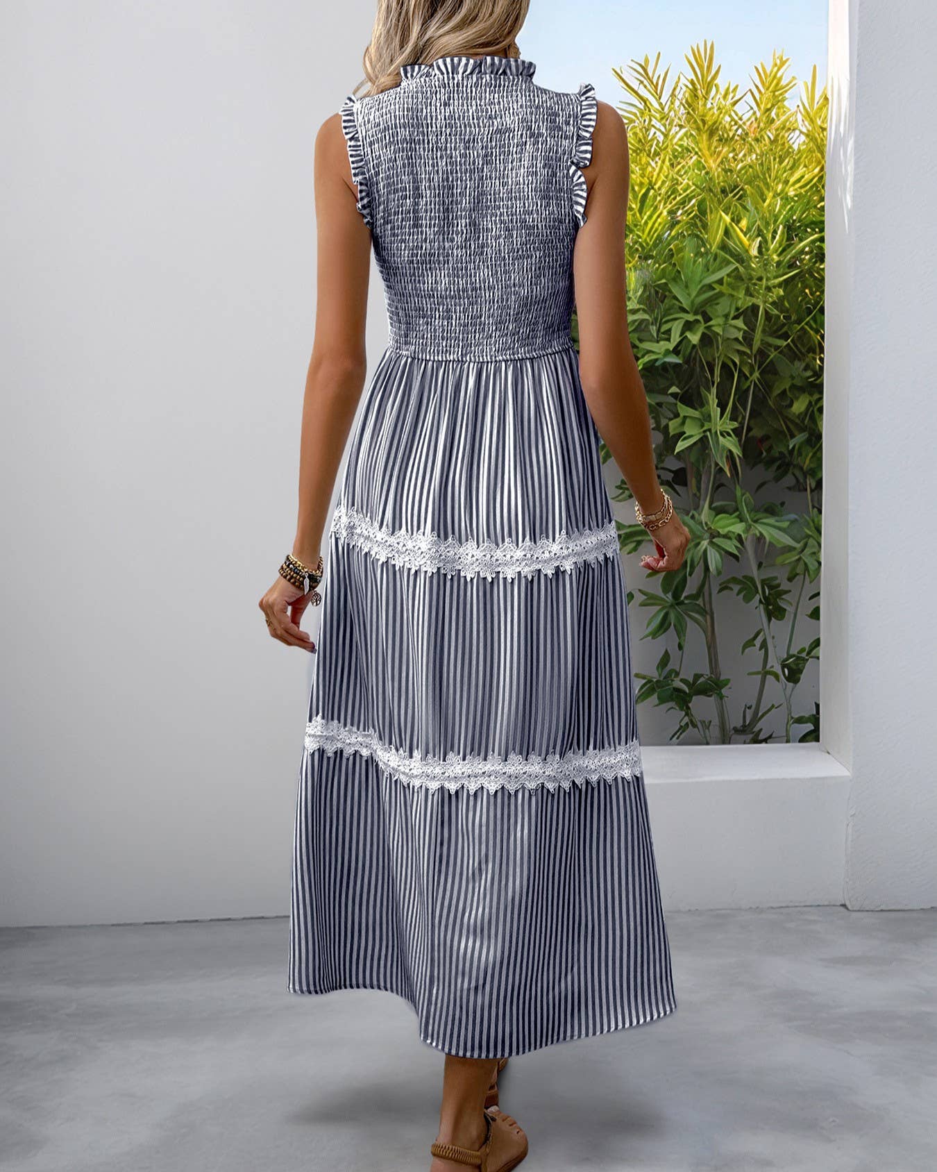 Rosa Clothing - Fashion Ruffled Round Neck Striped Lace Dress