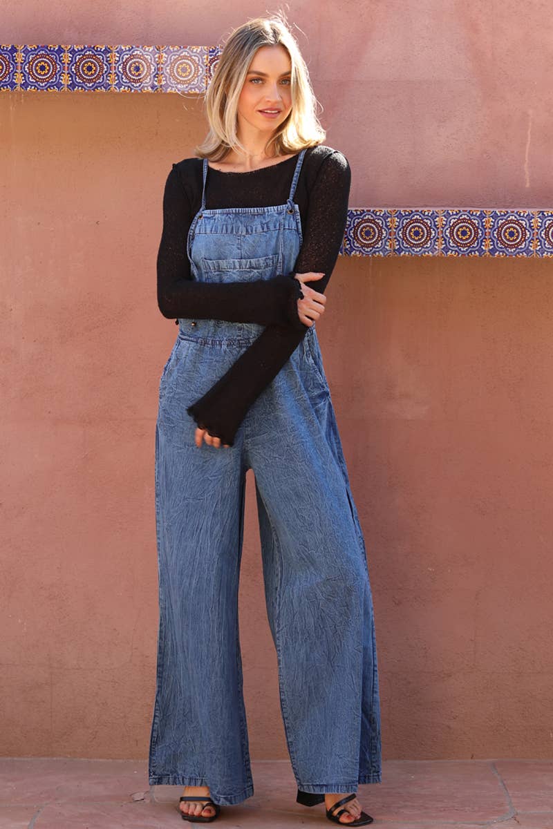ANGIE - B5A51-ASIS DENIM FLARE LEG OVERALLS JUMPSUIT