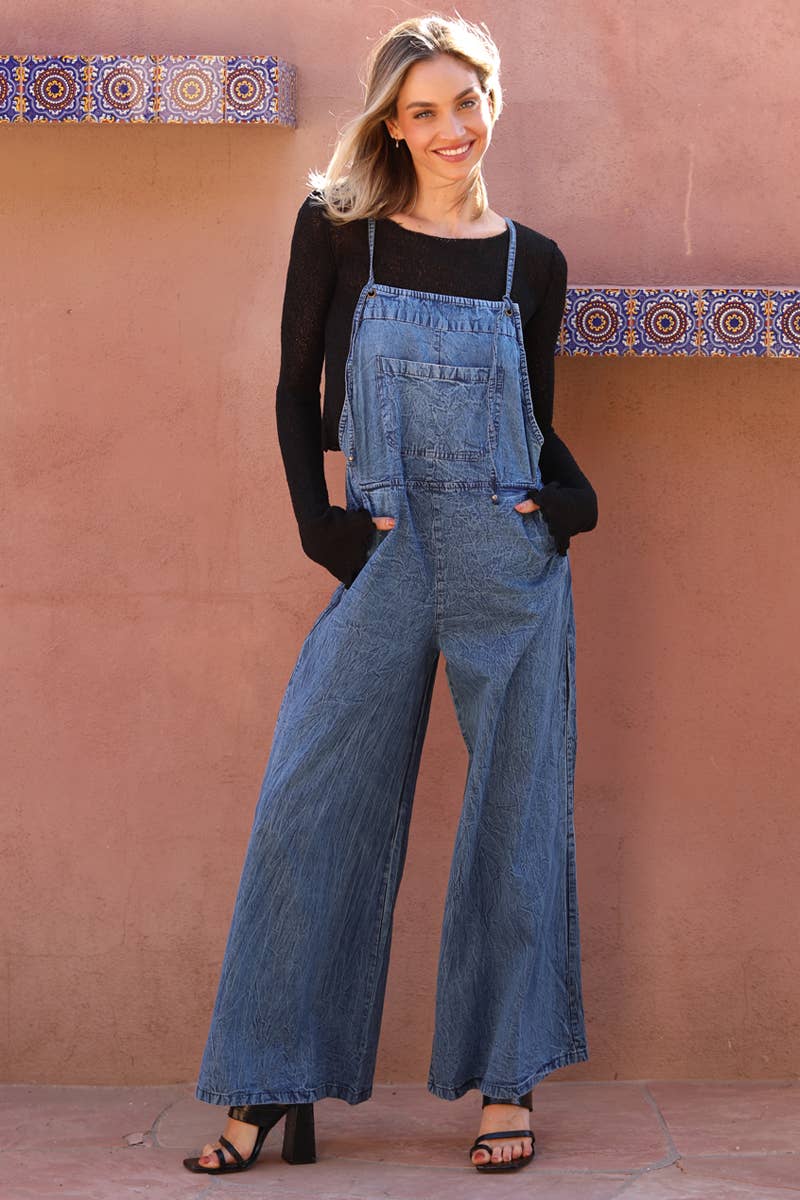 ANGIE - B5A51-ASIS DENIM FLARE LEG OVERALLS JUMPSUIT