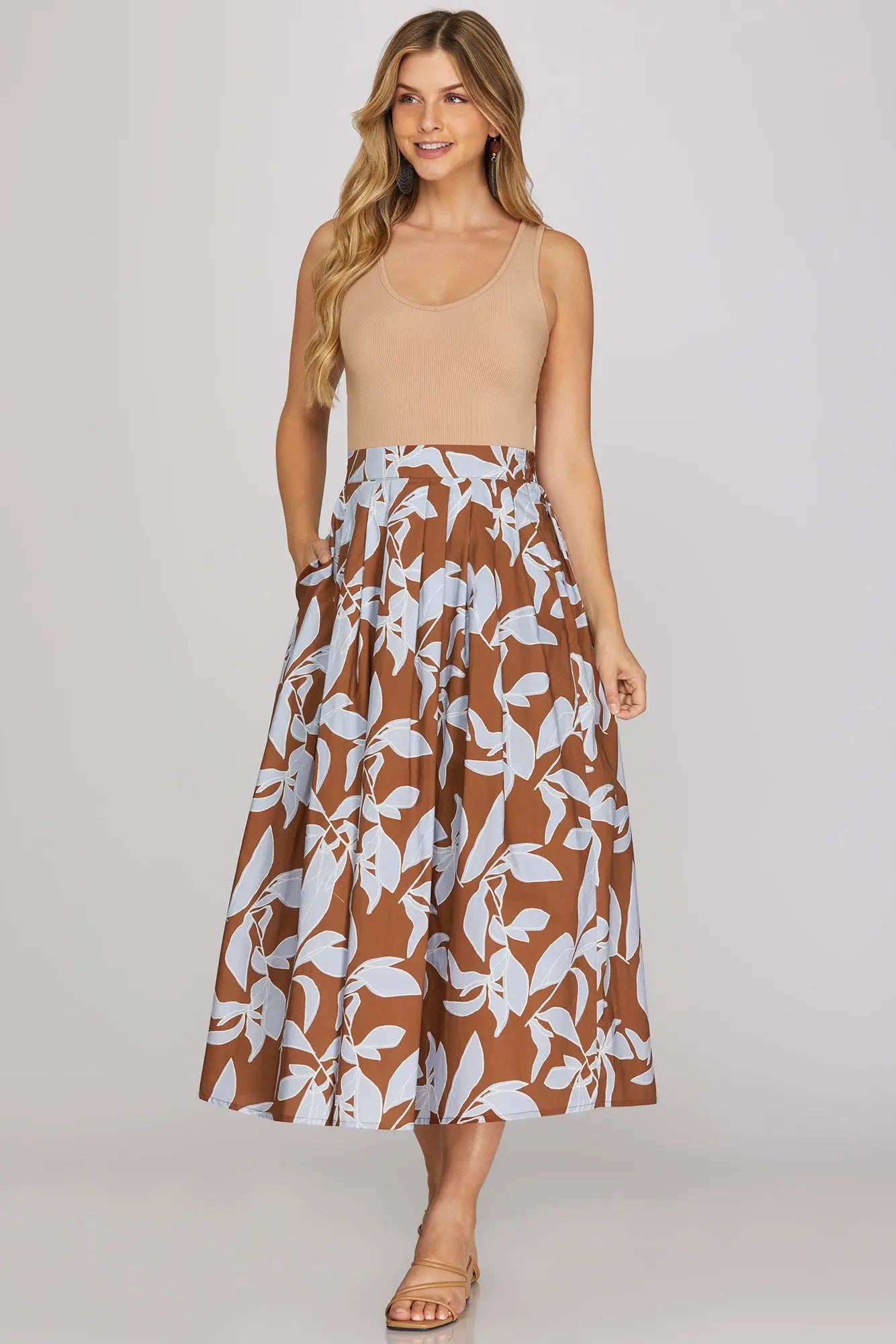 BRown Printed MIDI Skirt