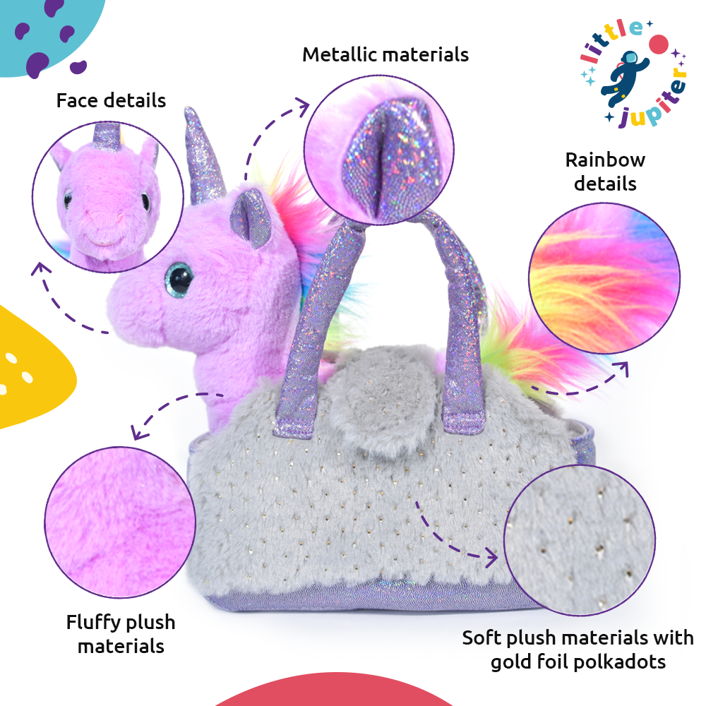 Plush Pet Purse Set with Birth Certificate - Purple Unicorn with Grey Bag