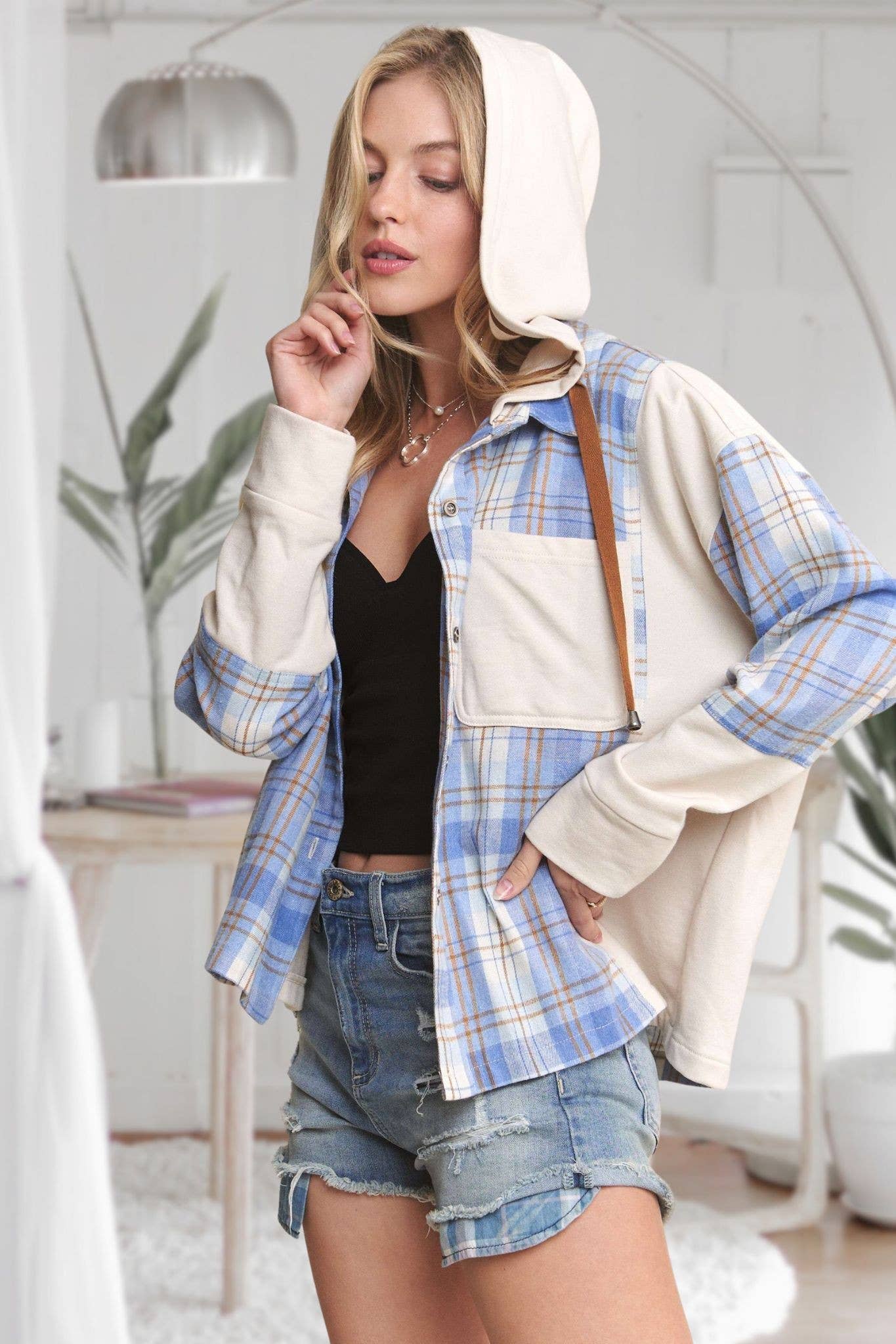 ADORA LA - CEJ3671WN - BUTTON DOWN PLAID HOODIE SHACKET