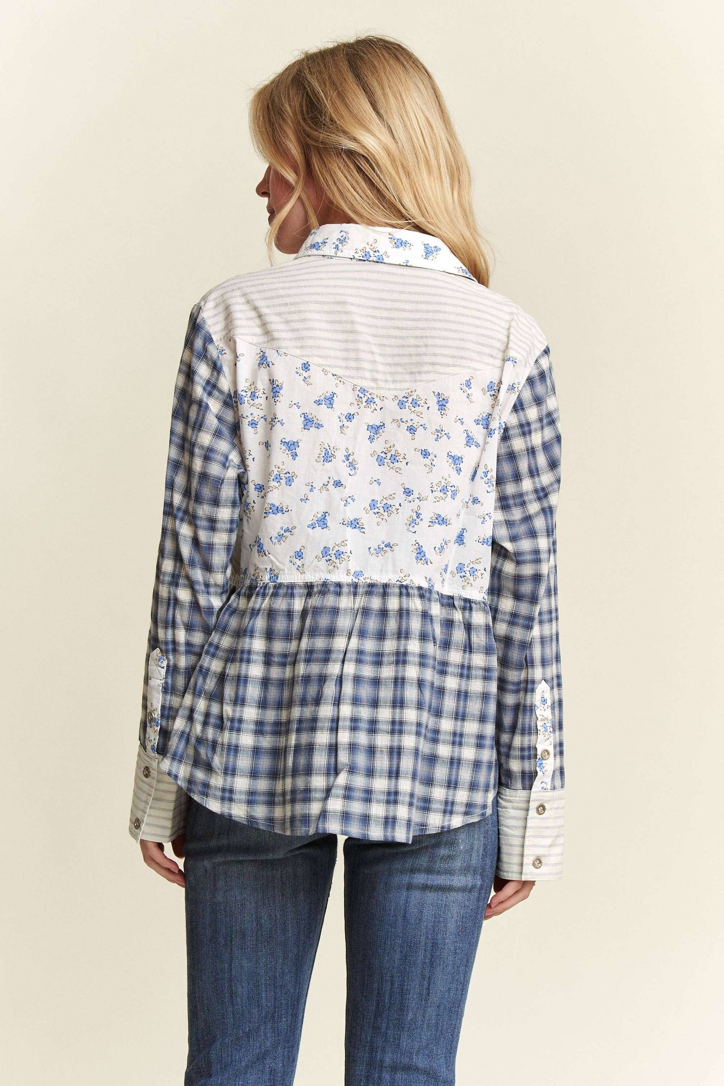ADORA LA - BUTTON DOWN FABRIC MIX BABYDOLL SHIRT