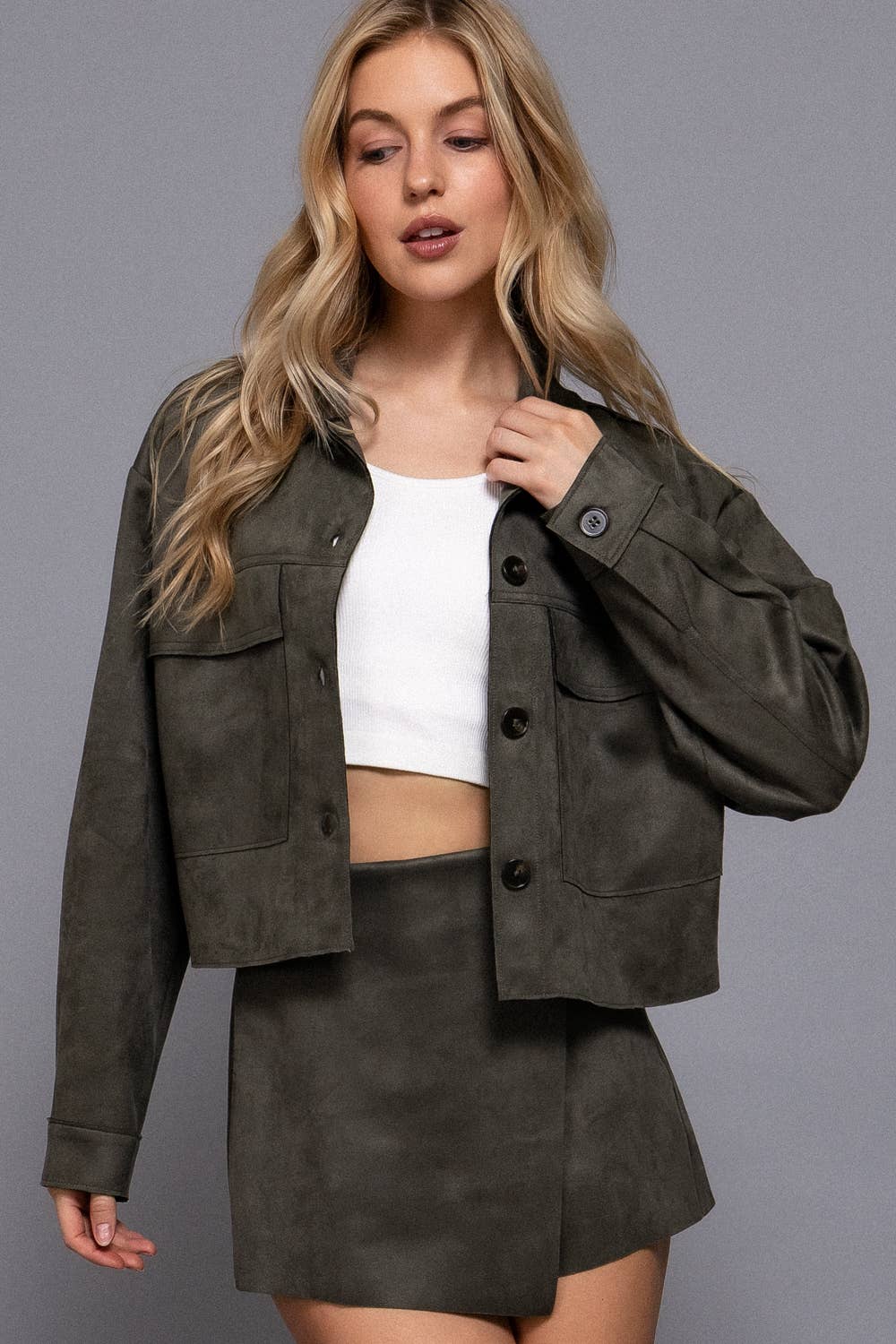 Active Basic | Active USA - Long Sleeve with Front Patch Pocket Faux Suede Short Jacket