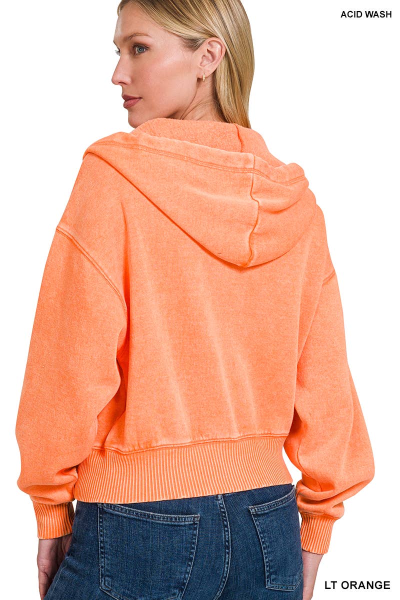Acid Wash Fleece Cropped Zip-up Hoodie W Pockets: 2-2-2 (S-M-L) / LT OLIVE
