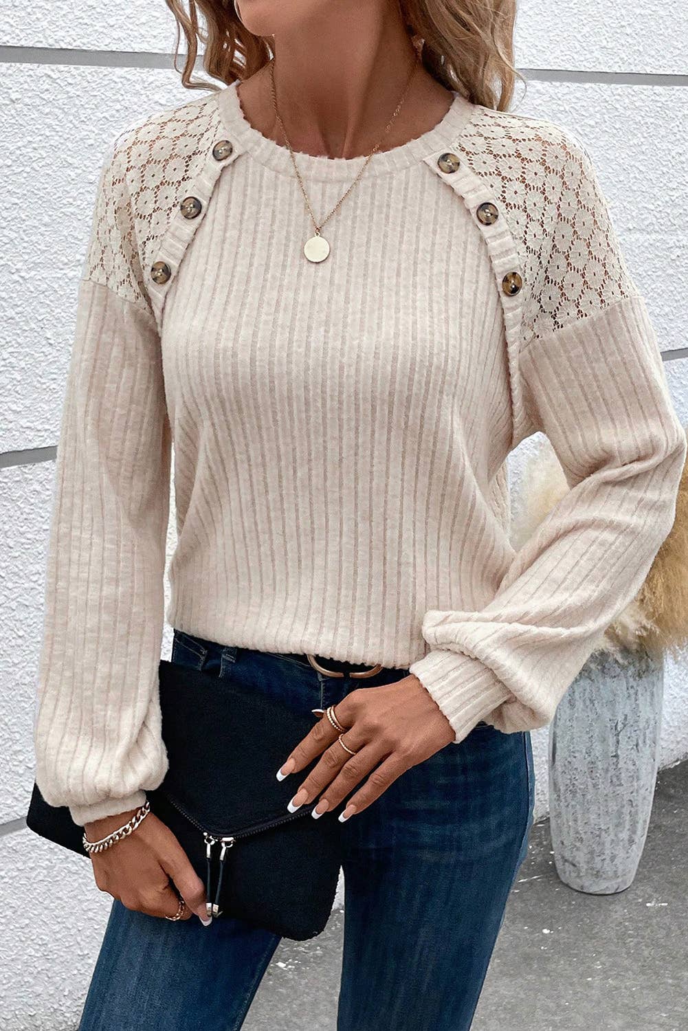 Pretty Bash - Ribbed Lace Raglan Sleeve Top