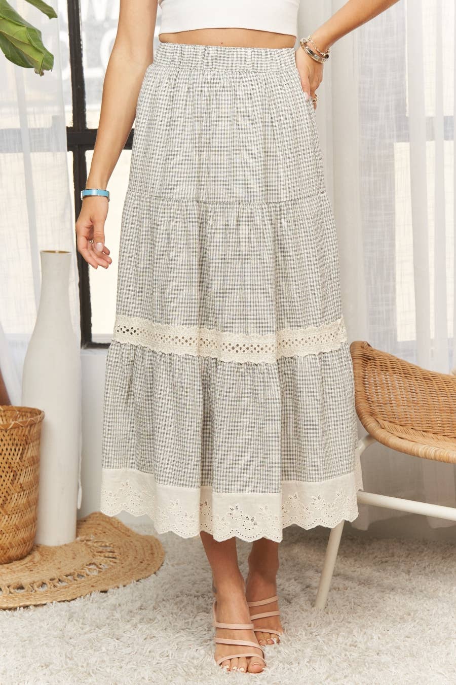 ADORA LA - CES4088 -GINGHAM TIERED MIDI SKIRT LACE TRIM