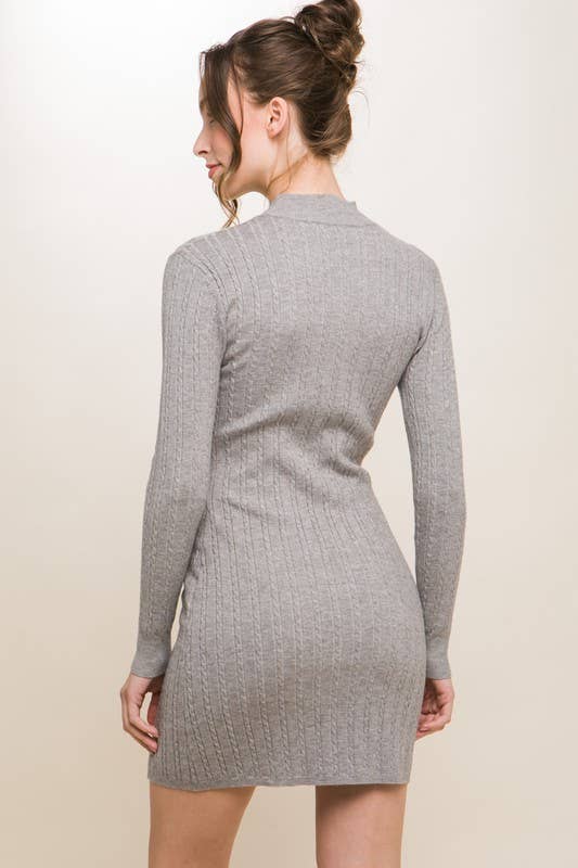 Mock Neck Knit Long Sleeve Dress With Side Slit: 2-2-2 (S-M-L) / H GREY
