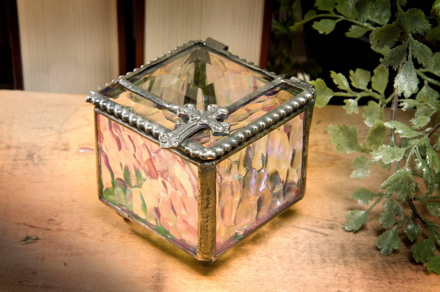 J Devlin Glass Art & Bert Anderson Collection - Iridescent Glass Box with Cross | Faith Keepsake – J Devlin
