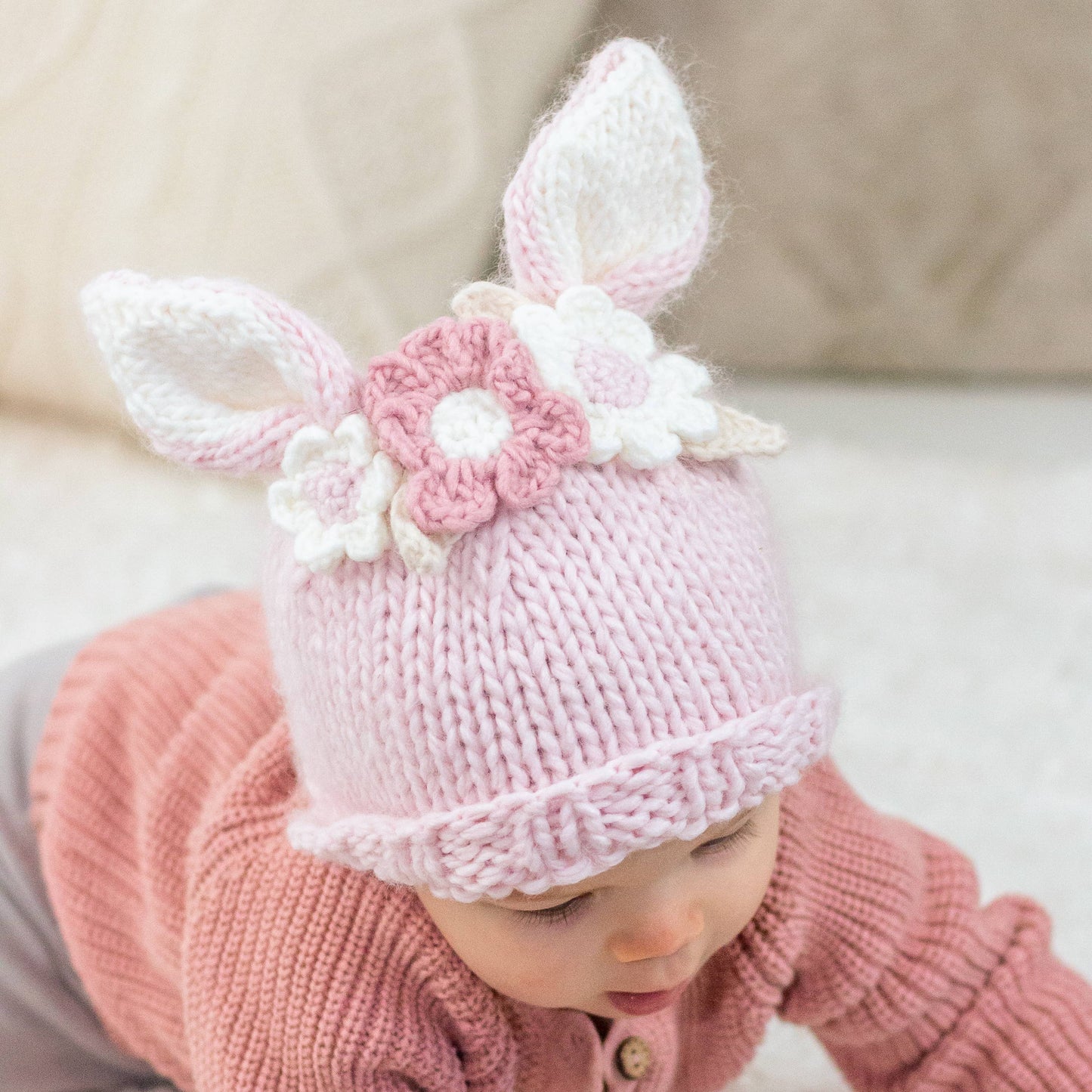 Huggalugs - Flower Bunny Beanie Blush Mono Beanie Baby & Kids
