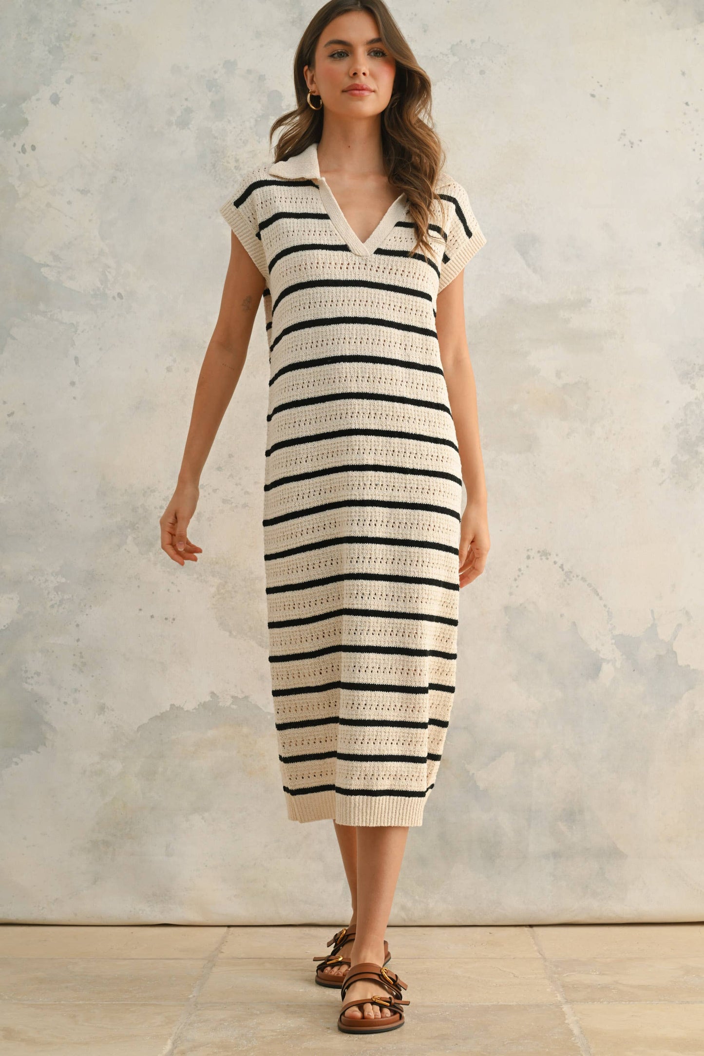 MIOU MUSE - D3924 CROCHET KNITTED COLLARED DRESS