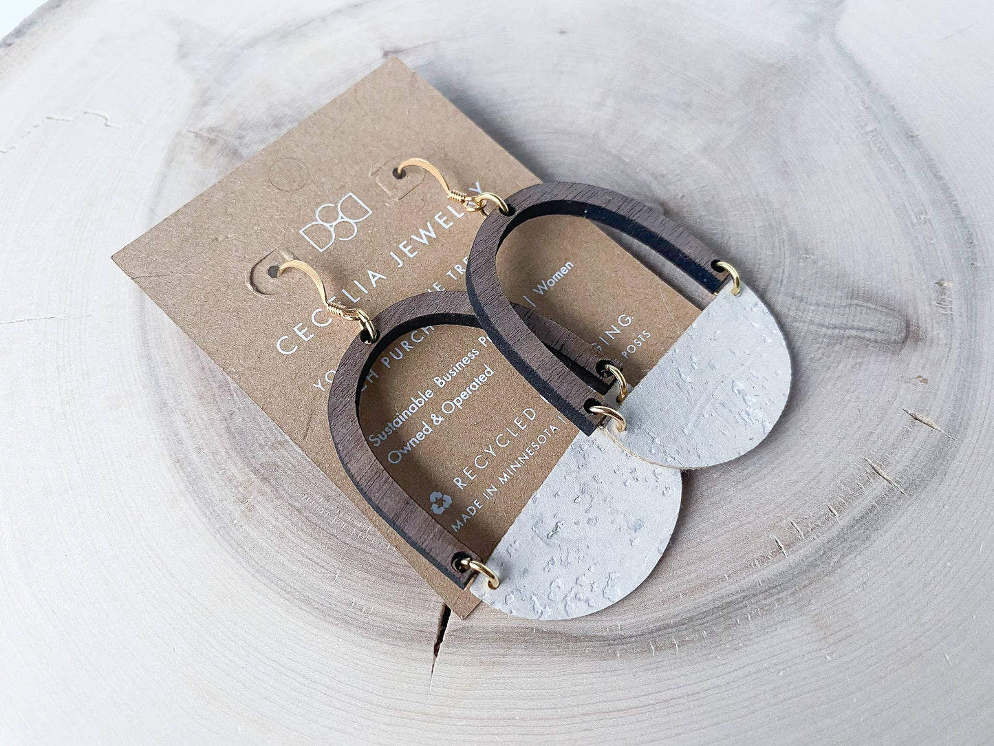 Cecelia Half Moon Wood and Leather Earrings