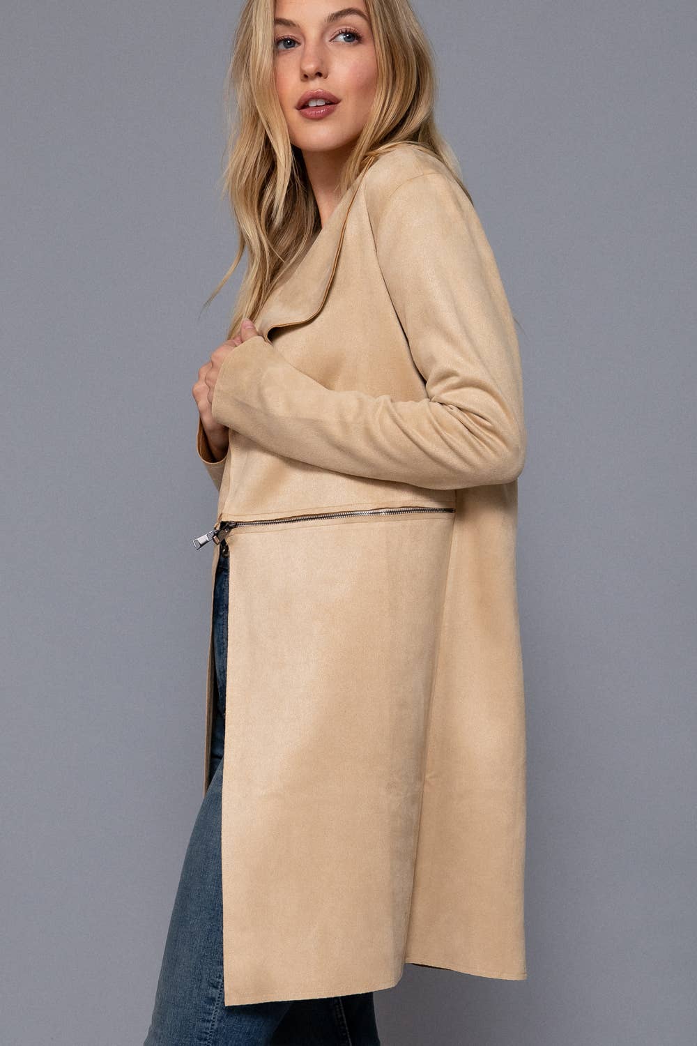 Active Basic | Active USA - Long Sleeve Front Two Zipper Detail Faux Suede Long Jacket