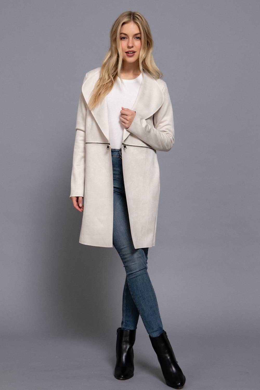 Active Basic | Active USA - Long Sleeve Front Two Zipper Detail Faux Suede Long Jacket