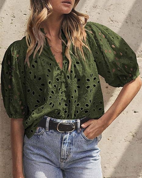 Rosa Clothing - Bohemia Crochet lace Eyelet high neck short sleeve blouse