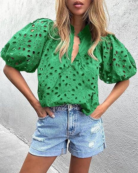 Rosa Clothing - Bohemia Crochet lace Eyelet high neck short sleeve blouse
