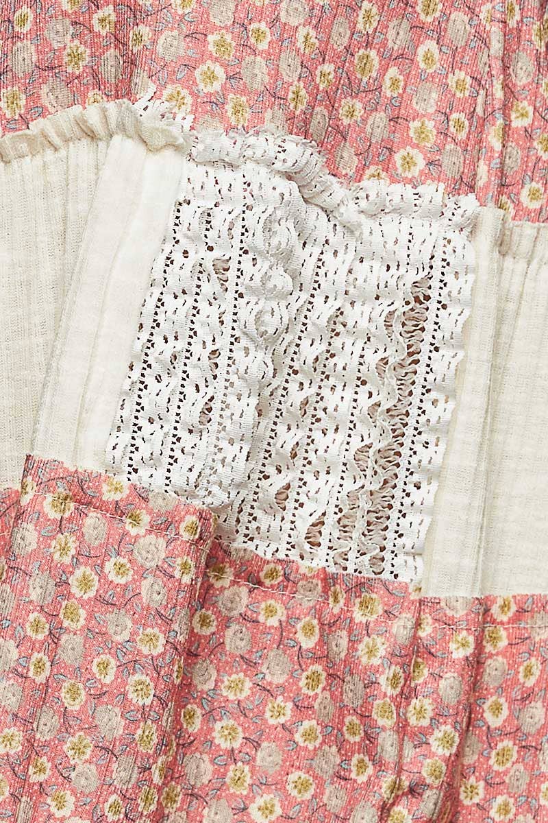 Pol Clothing - Floral Print Lace Round Contrast Neck Sleeveless Top