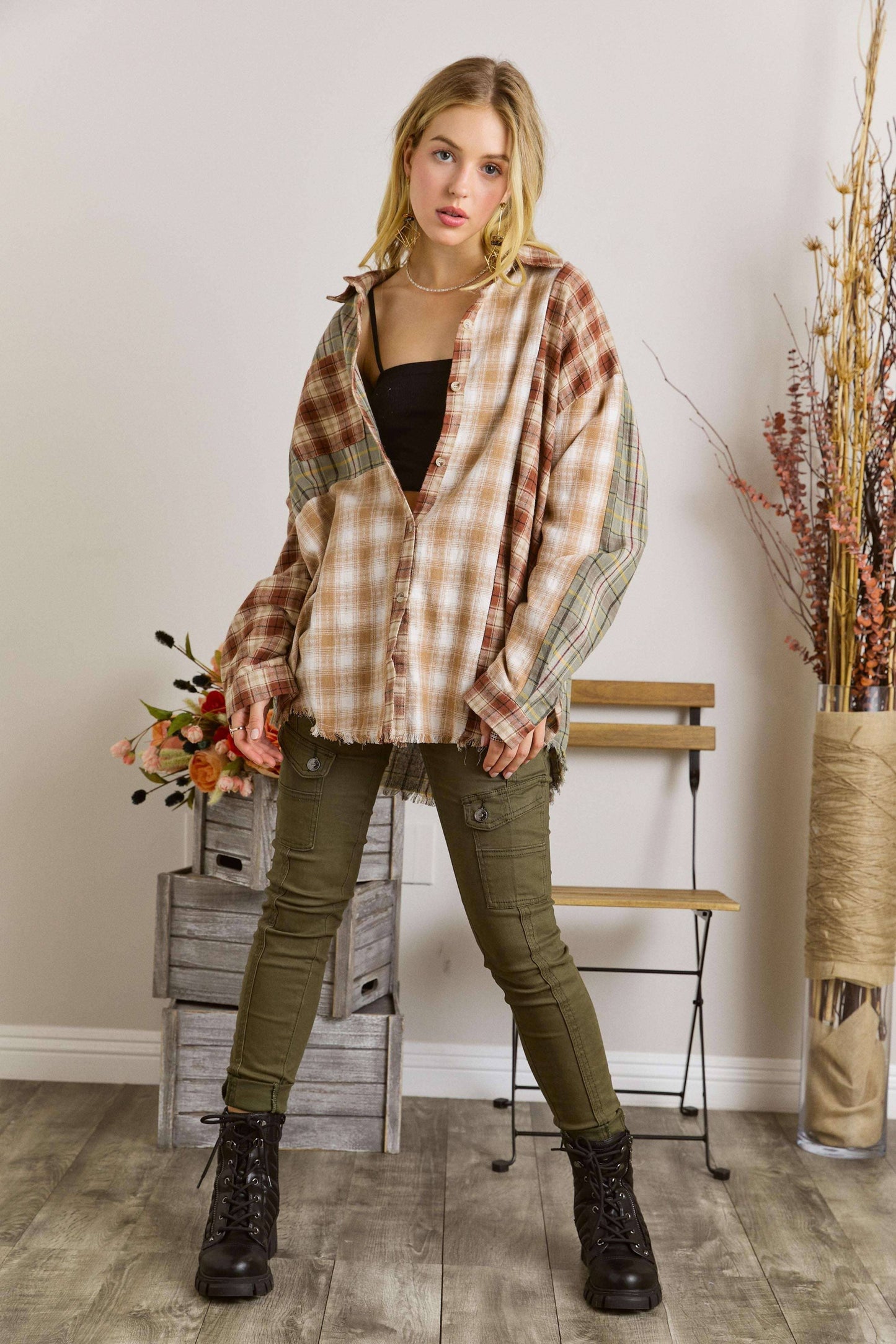 ADORA LA - CET2657 - FRAYED EDGE BOHEMIAN PLAID SHIRT