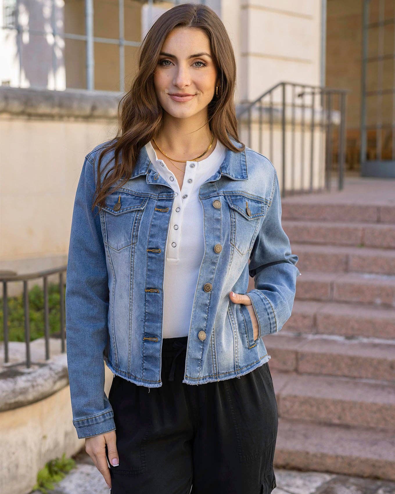 Grace and Lace - Soft Wash Denim Jacket in Mid-Wash