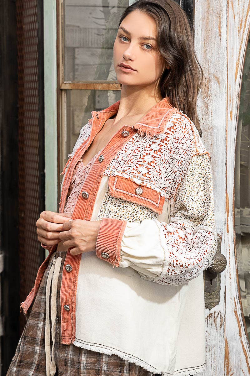 Pol Clothing - Vintage washed crochet contrast twill jacket