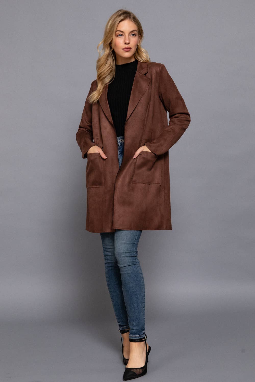 Active Basic | Active USA - Long Sleeve Open Front Faux Suede Jacket