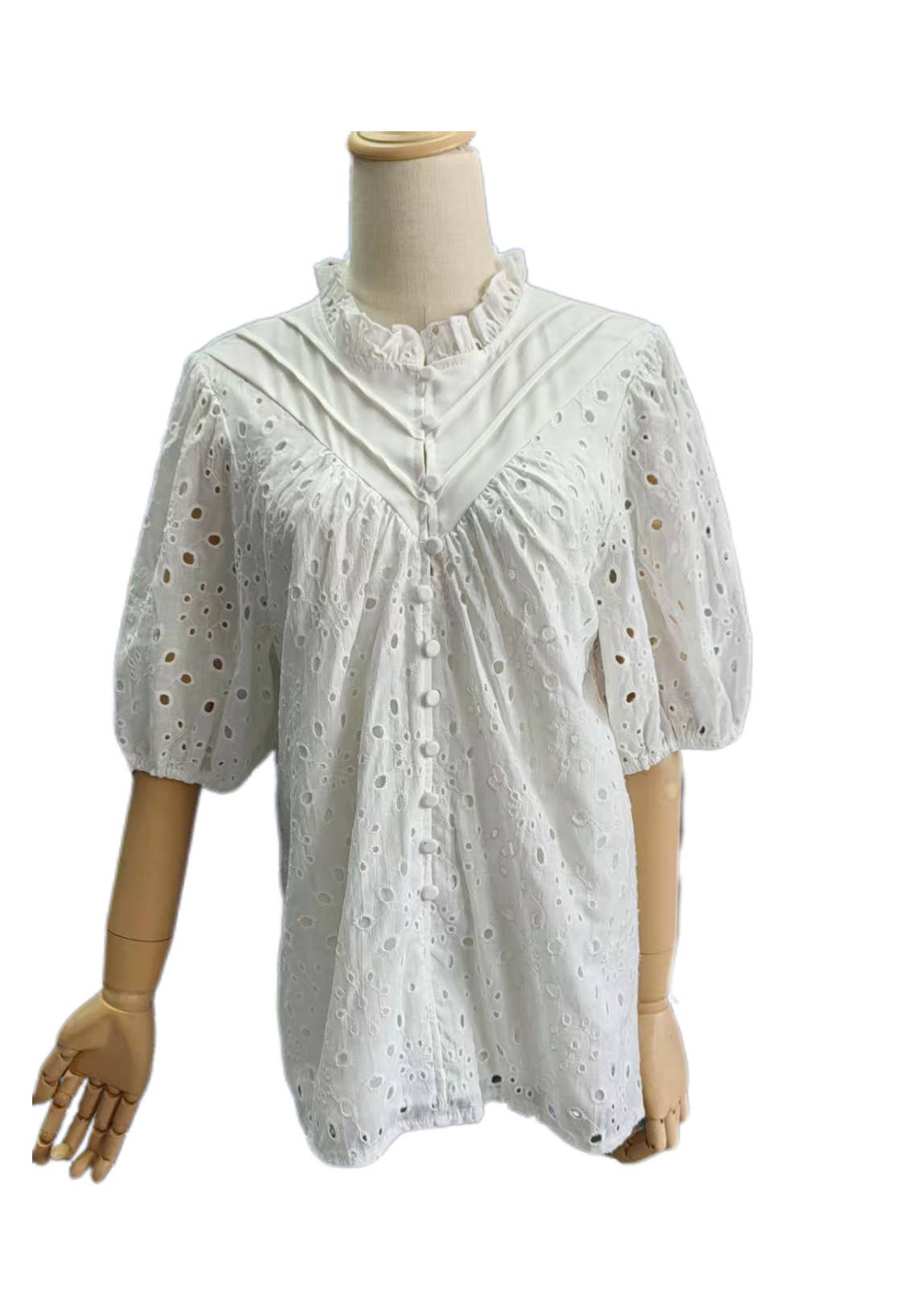 Rosa Clothing - Bohemia Crochet lace Eyelet high neck short sleeve blouse