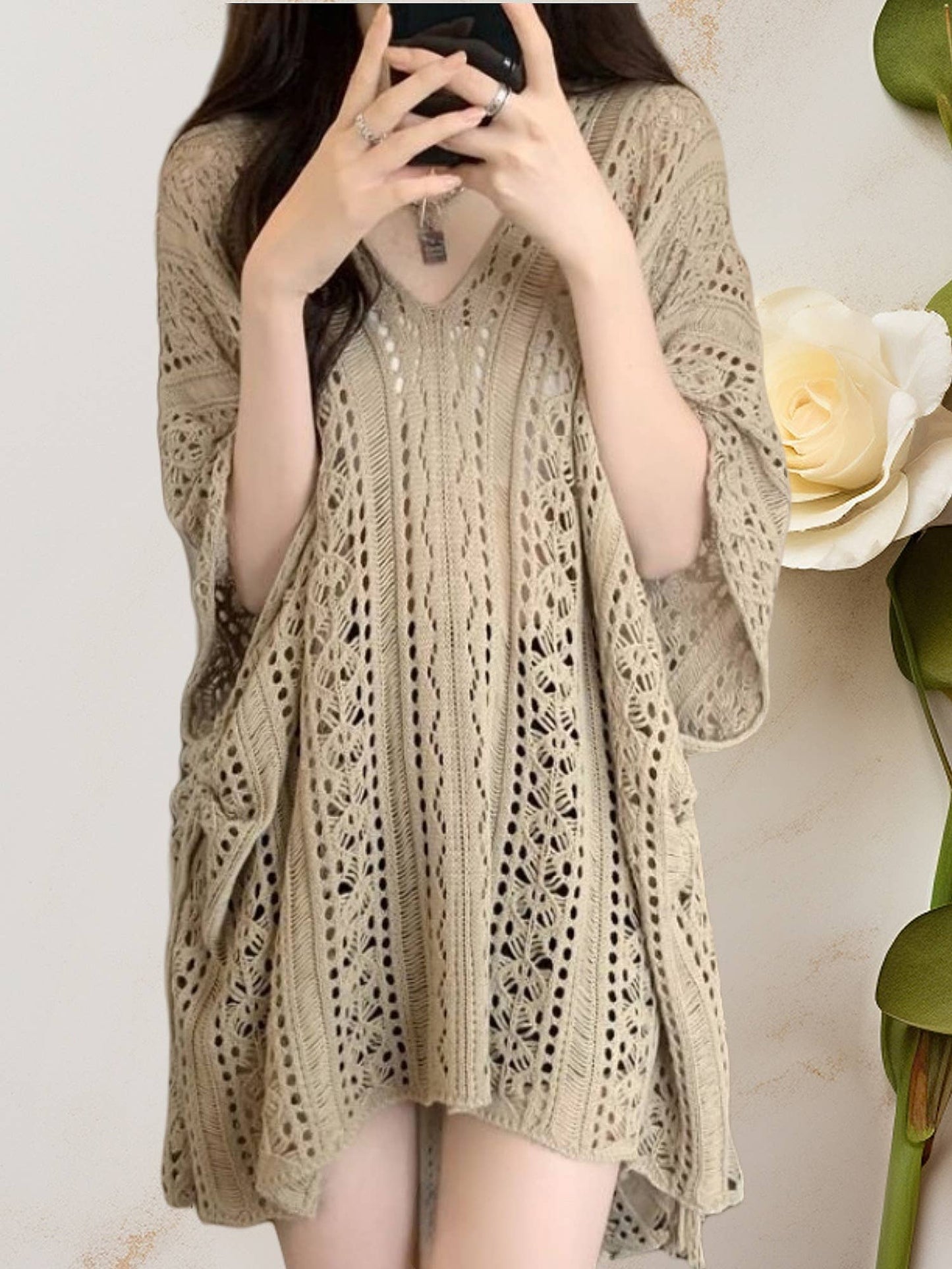 JC Sunny Fashion - JC063308 Sided-Tassel Detailed Crochet Tunic