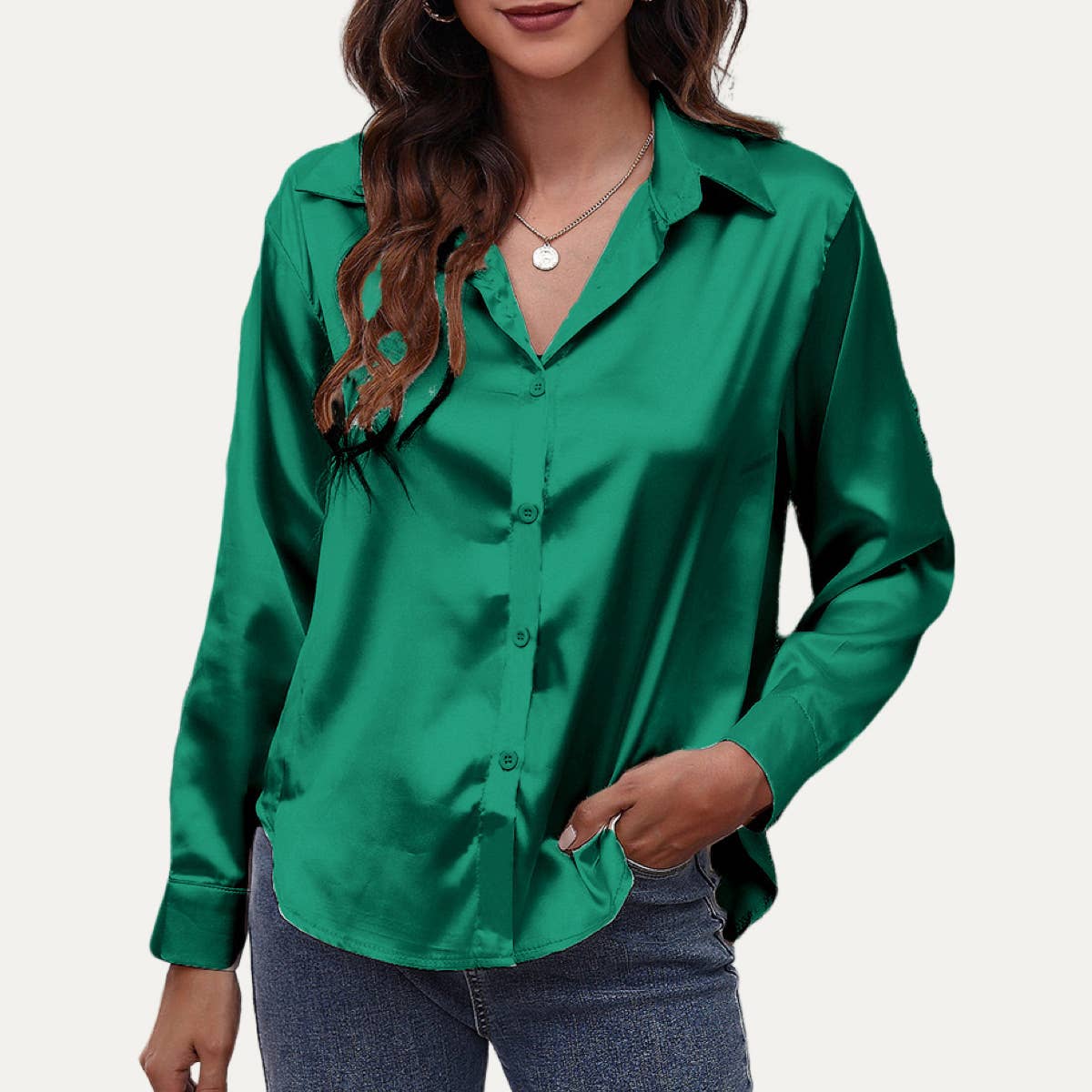 Easily Chic Solid Long Sleeve Button-Up Satin Shirt: BROWN / S