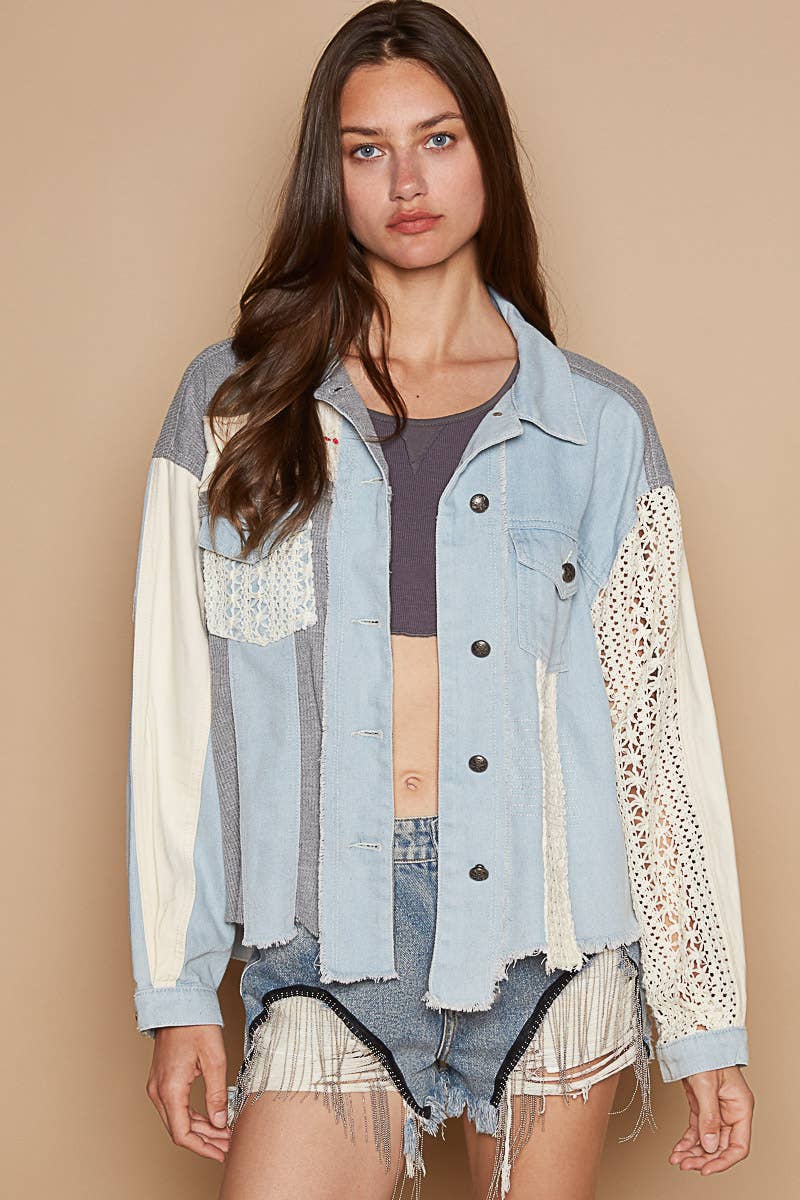 Pol Clothing - Oversize long sleeve crochet embroidery shacket