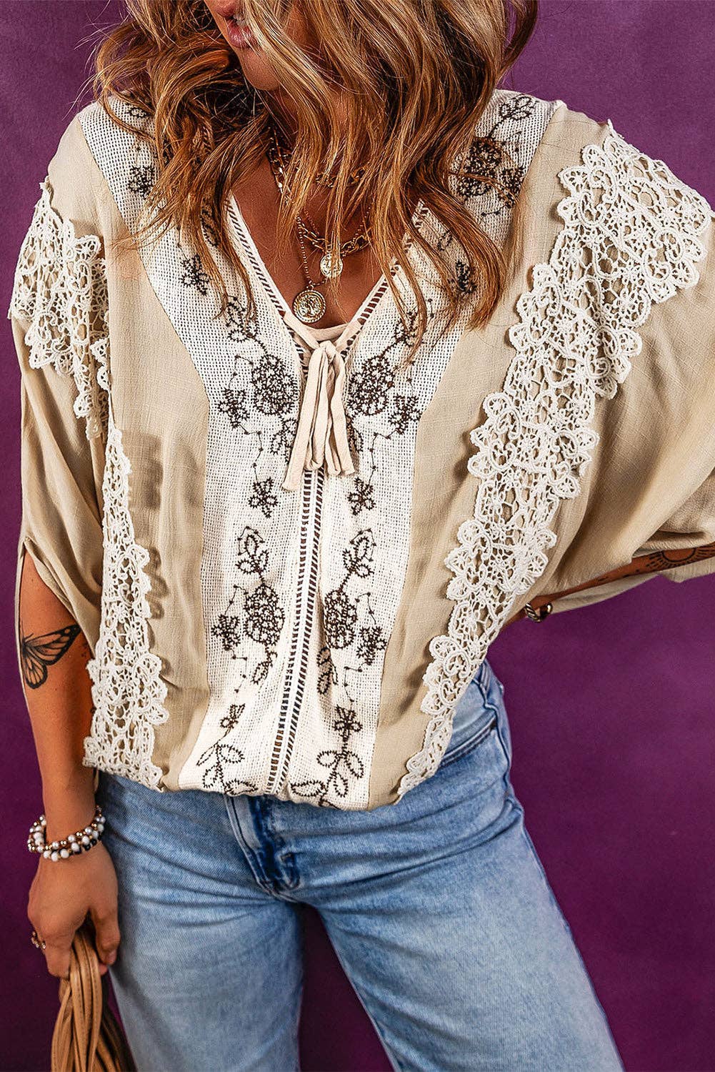 Lovesoft - Golden Fleece Lace Crochet Patchwork Slit Sleeve Loose Blouse