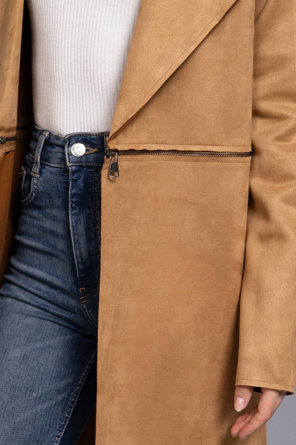 Active Basic | Active USA - Long Sleeve Front Two Zipper Detail Faux Suede Long Jacket