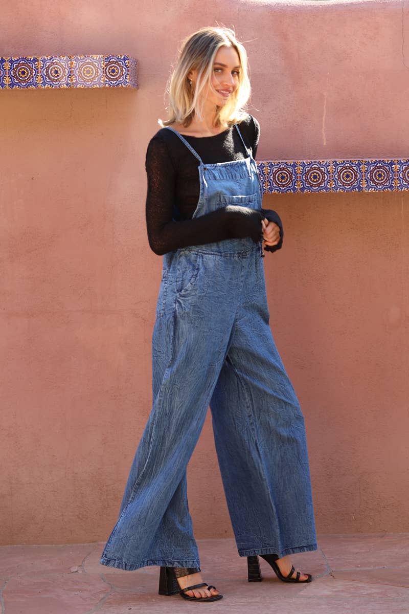 ANGIE - B5A51-ASIS DENIM FLARE LEG OVERALLS JUMPSUIT